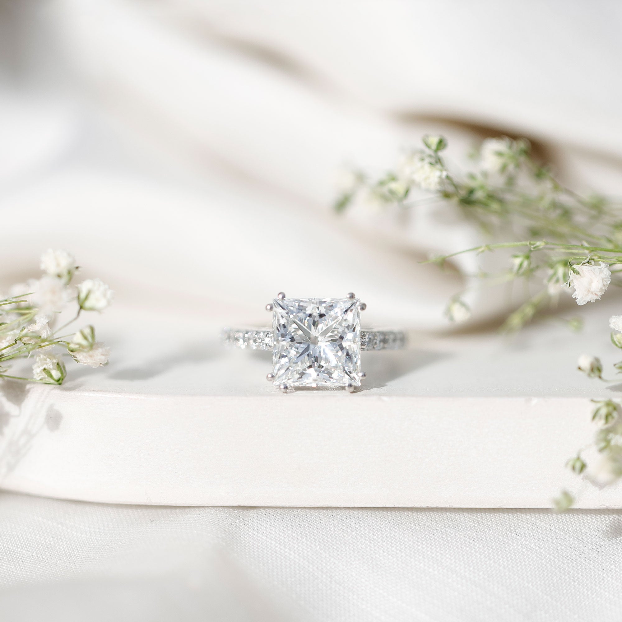 IGI Certified Princess Cut Lab Grown Diamond 5 Carat Engagement Ring with Side Stones Lab - ( E-VS1 ) - Rosec Jewels