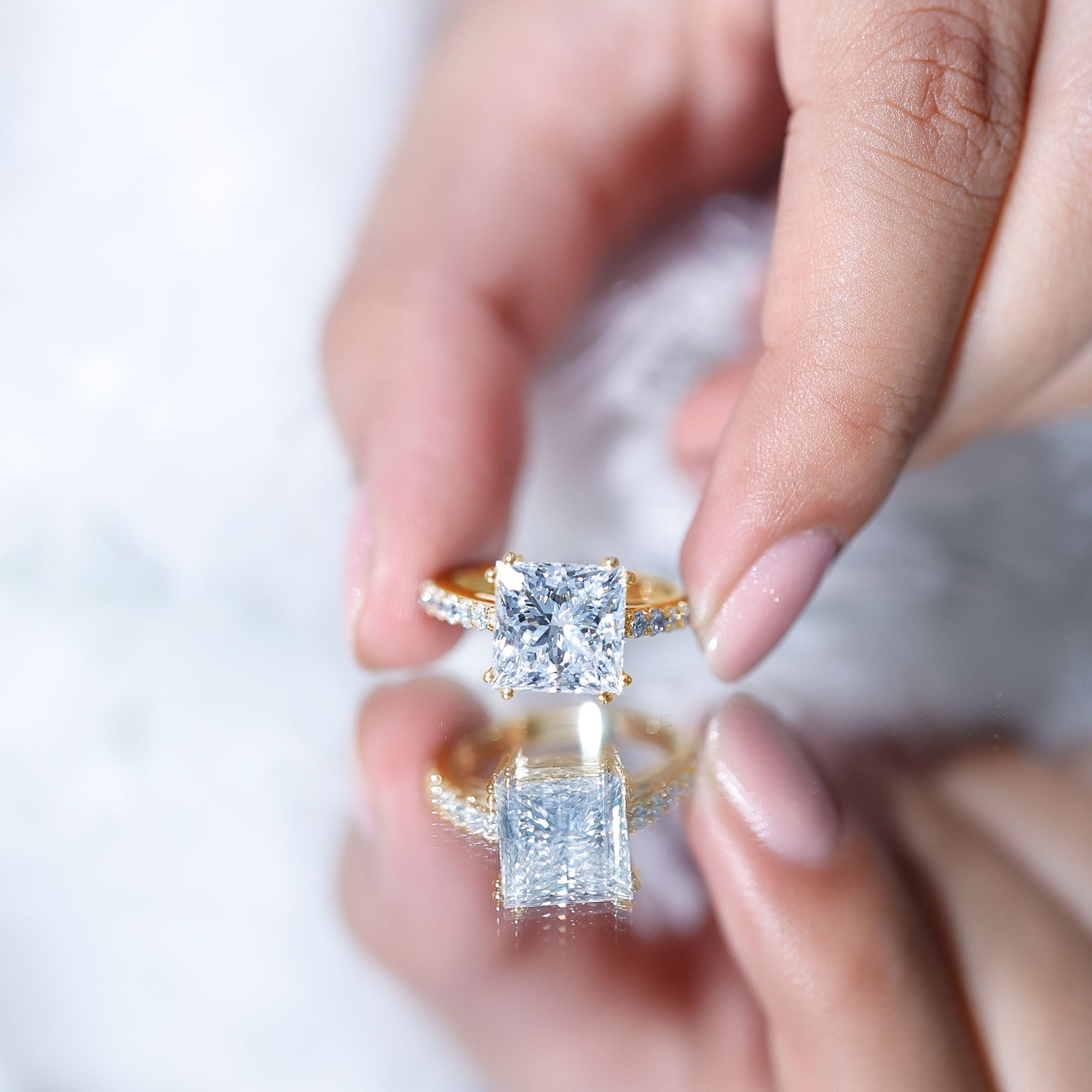 IGI Certified Princess Cut Lab Grown Diamond 5 Carat Engagement Ring with Side Stones Lab - ( E-VS1 ) - Rosec Jewels
