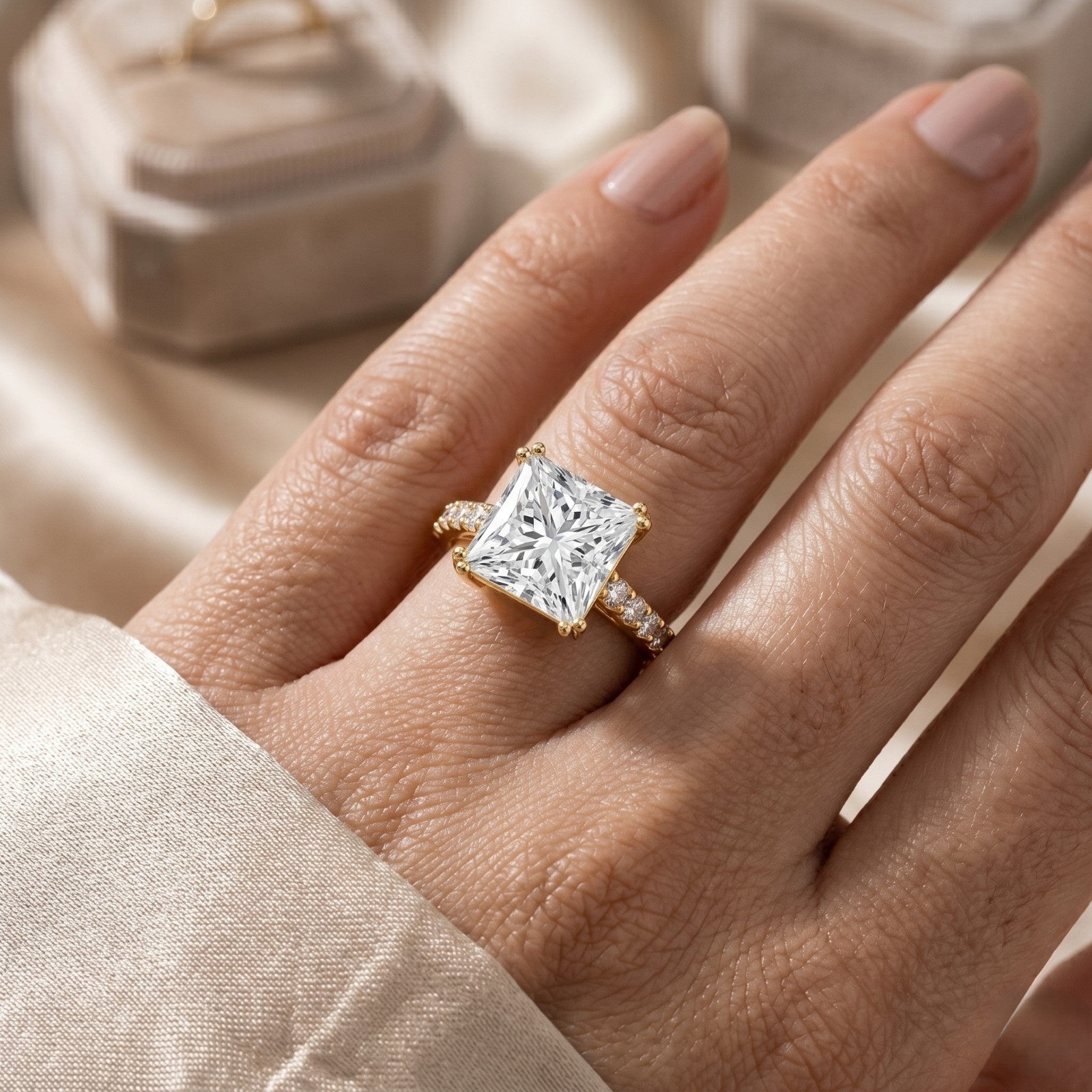 IGI Certified Princess Cut Lab Grown Diamond 5 Carat Engagement Ring with Side Stones Lab - ( E-VS1 ) - Rosec Jewels