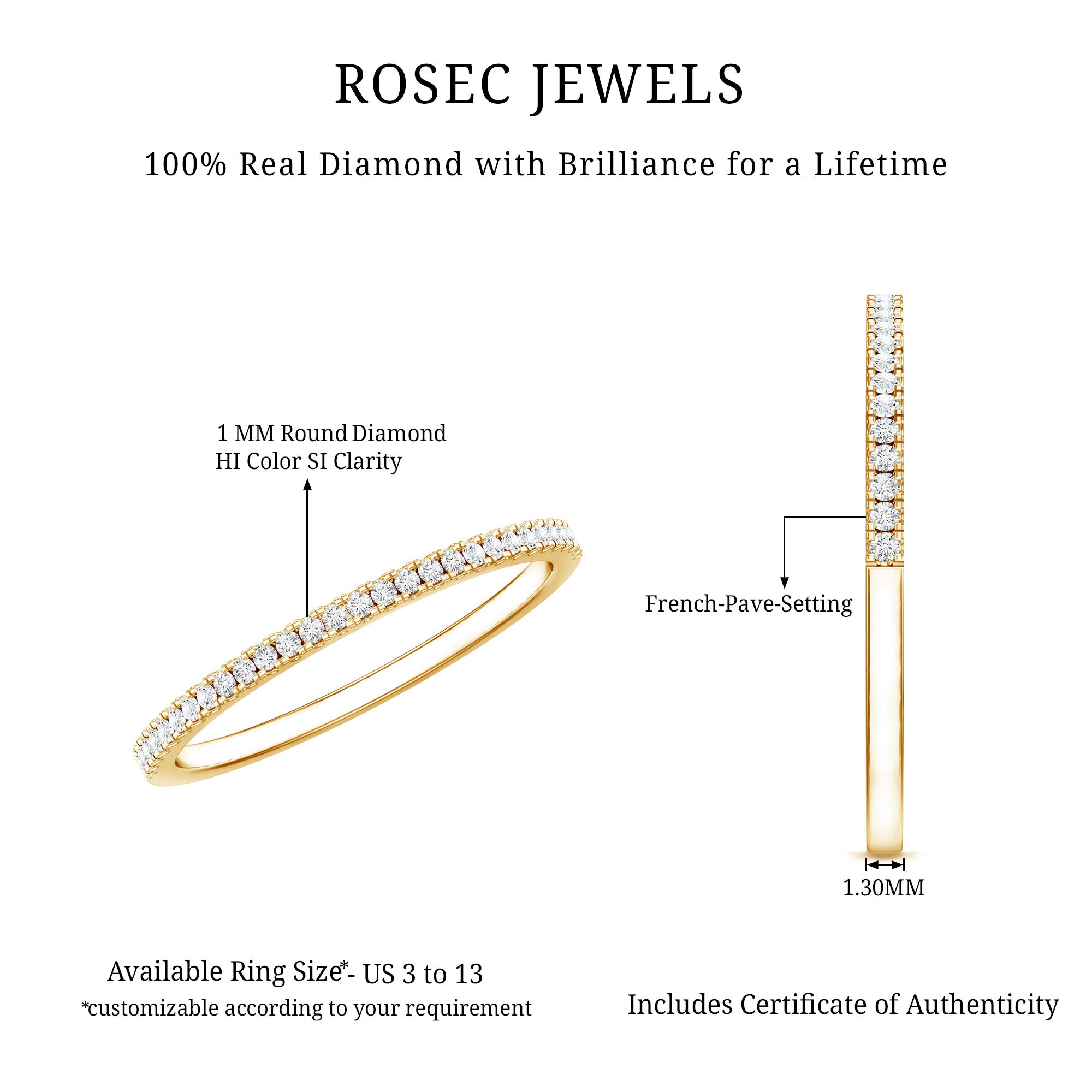 Certified Diamond Half Eternity Ring in Pave Setting Natural - ( HI-SI ) - Rosec Jewels