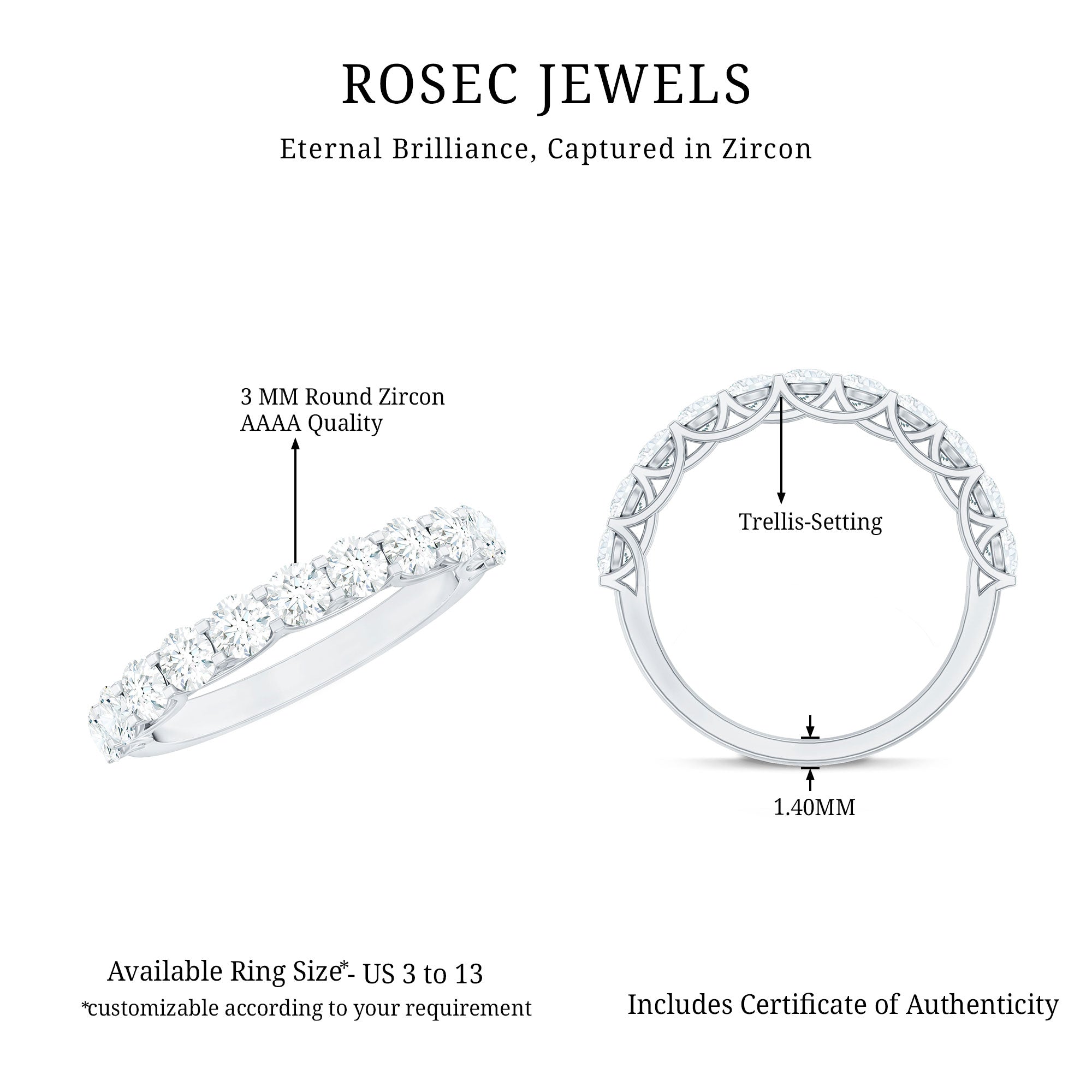 1.25 CT Zircon Half Eternity Ring AAAA - Rosec Jewels