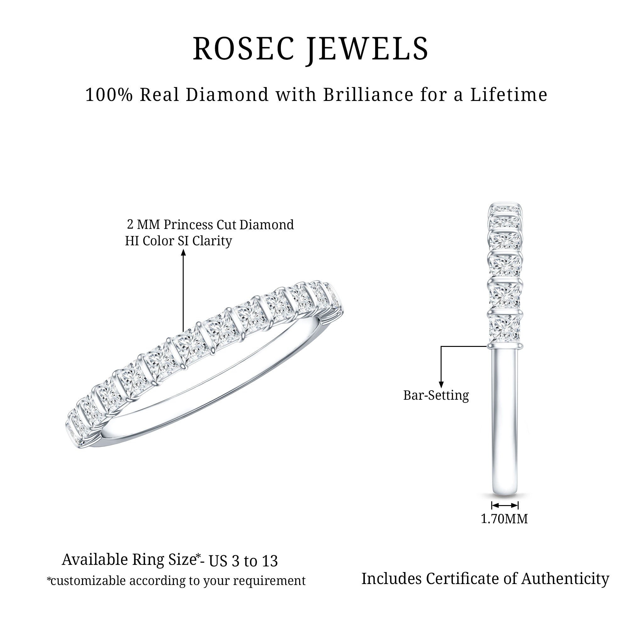 Princess Cut Diamond Anniversary Band Ring Natural - ( HI-SI ) - Rosec Jewels