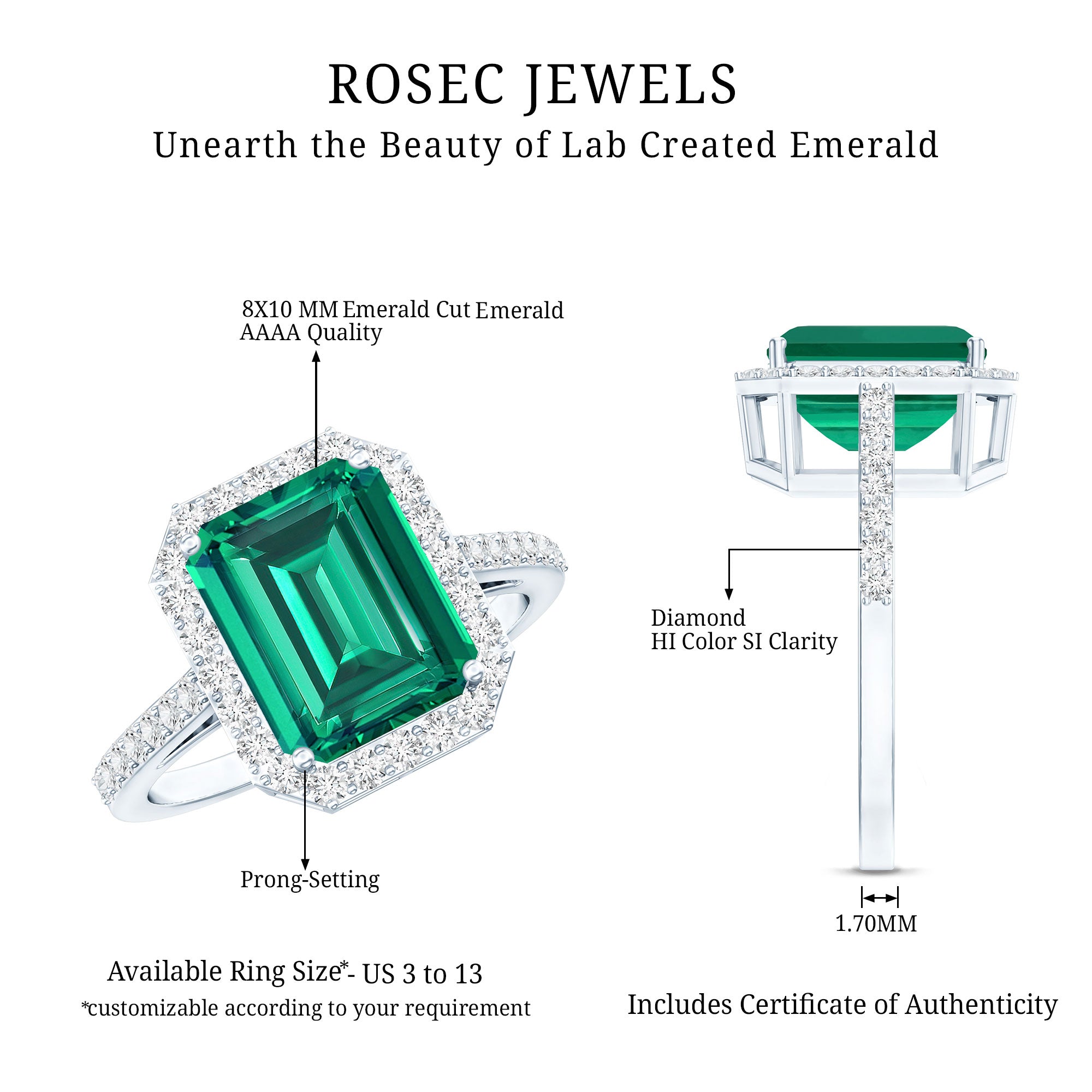 Lab Grown 3 Carat Emerald Cut Emerald Engagement Ring with Diamond Halo AAAA - Rosec Jewels