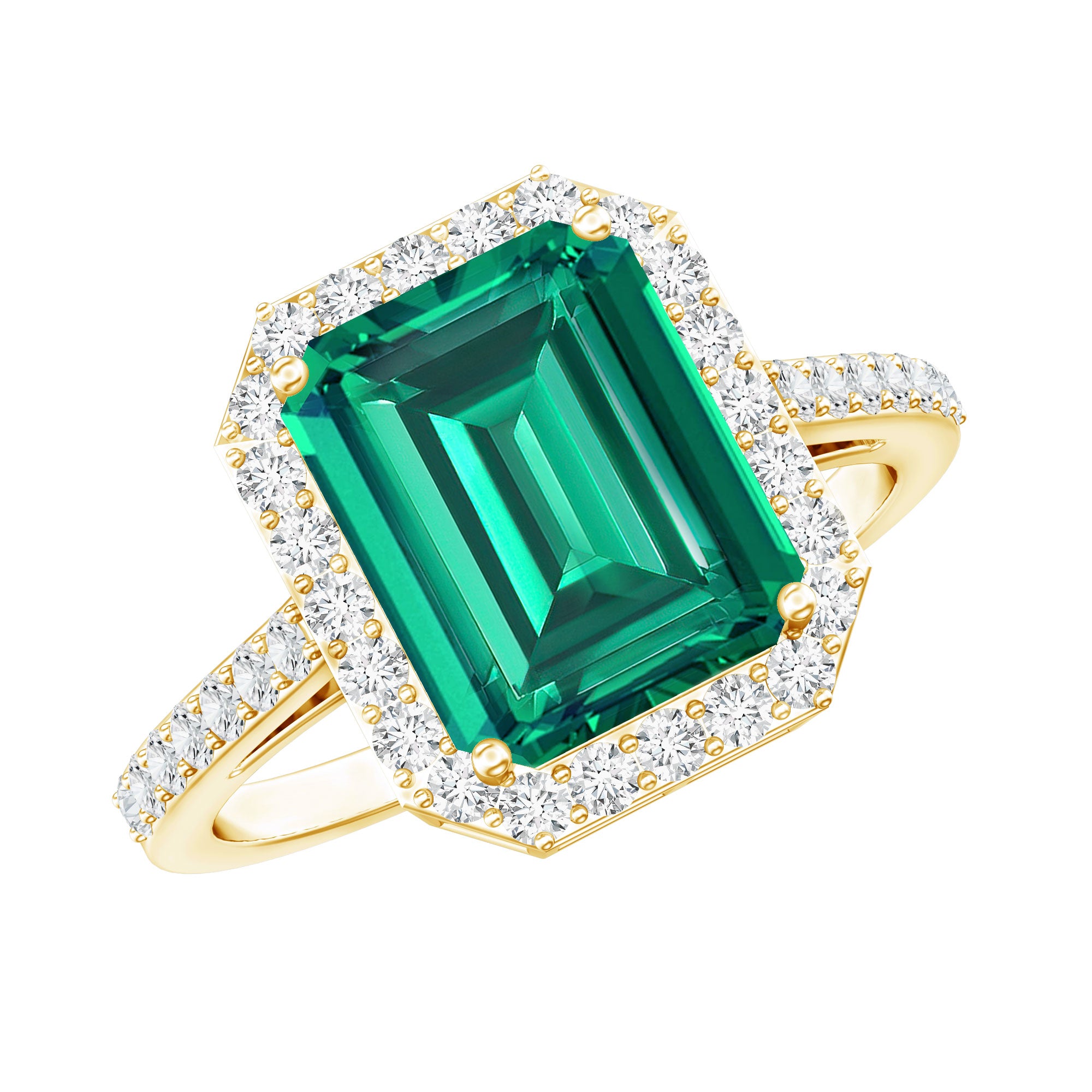 Lab Grown 3 Carat Emerald Cut Emerald Engagement Ring with Diamond Halo AAAA - Rosec Jewels