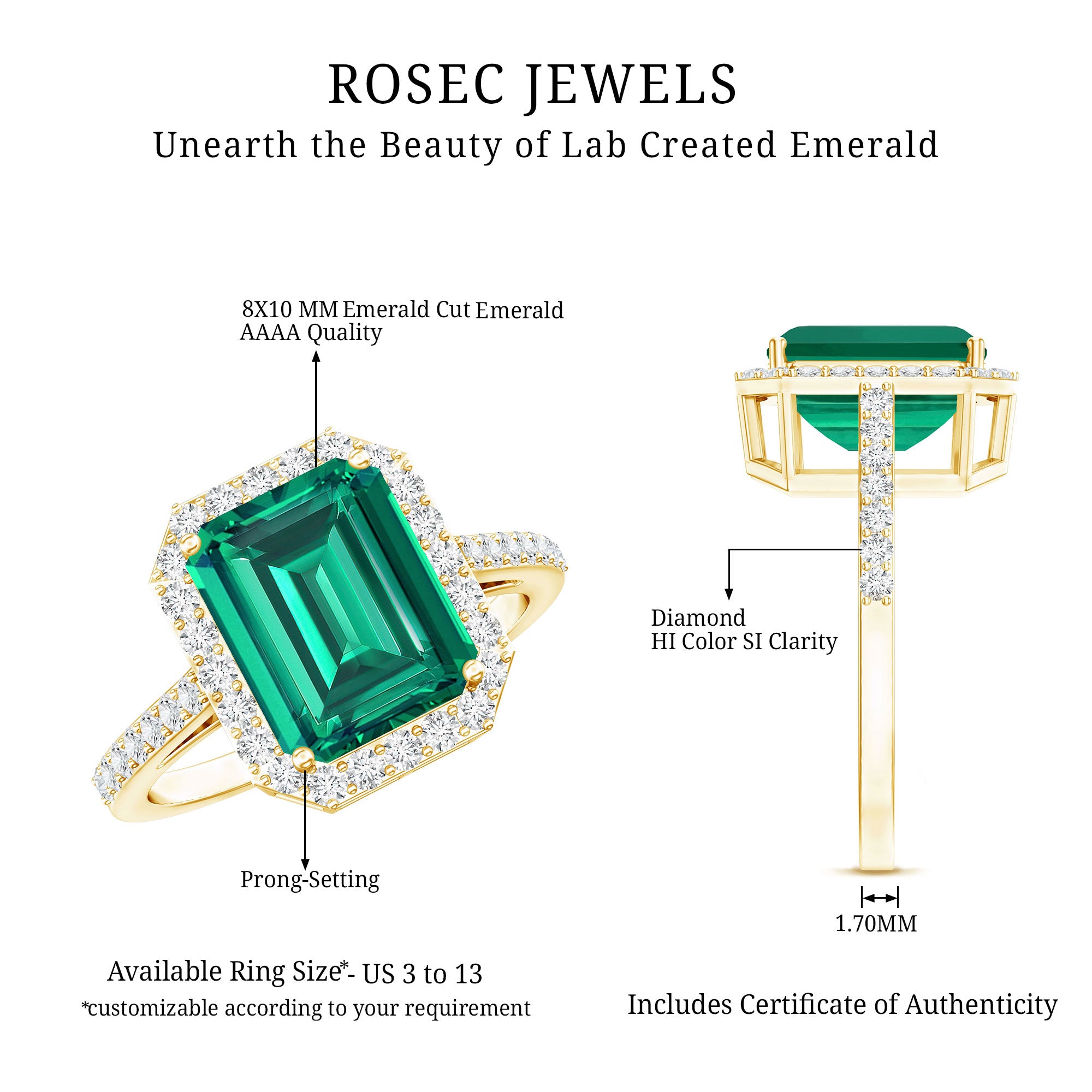 Lab Grown 3 Carat Emerald Cut Emerald Engagement Ring with Diamond Halo AAAA - Rosec Jewels