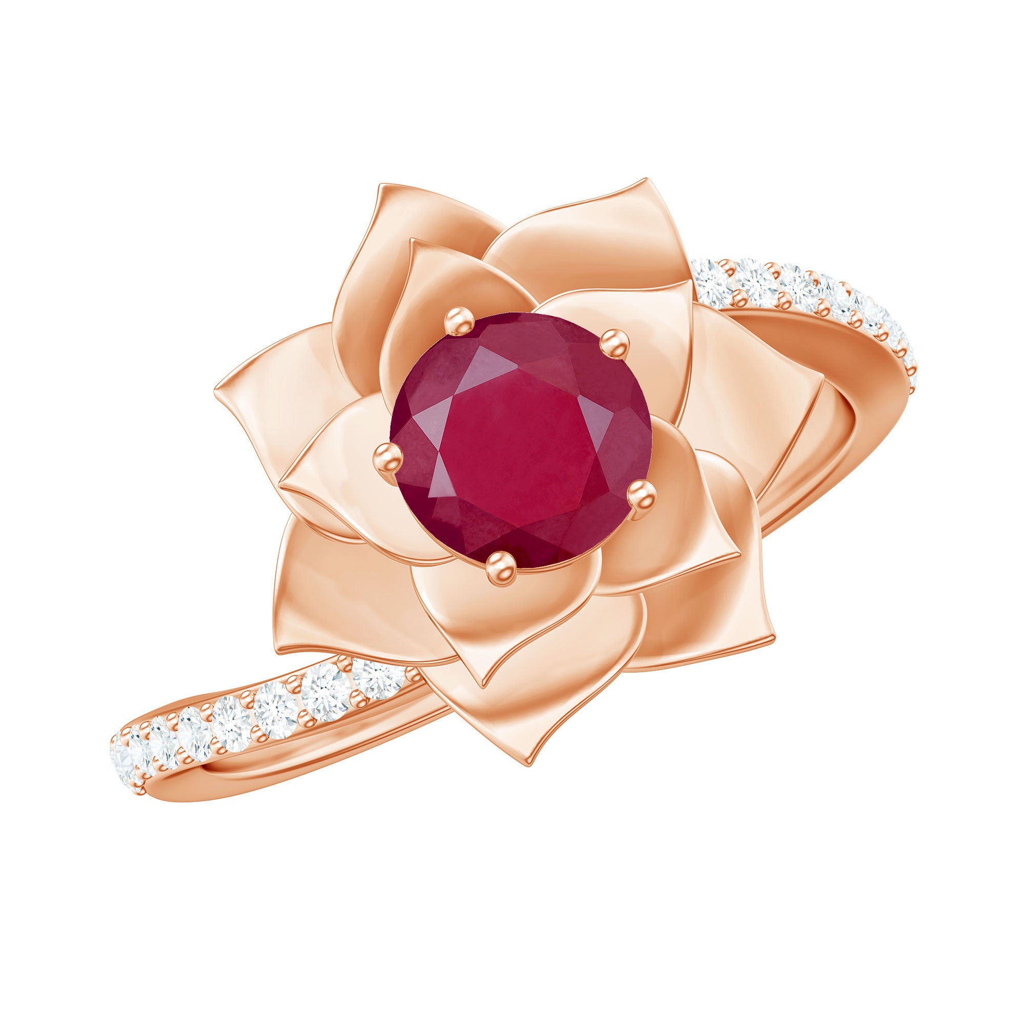 Natural 0.6 Carat Ruby Flower Engagement Ring with Diamond Bypass Shank AAA - Rosec Jewels