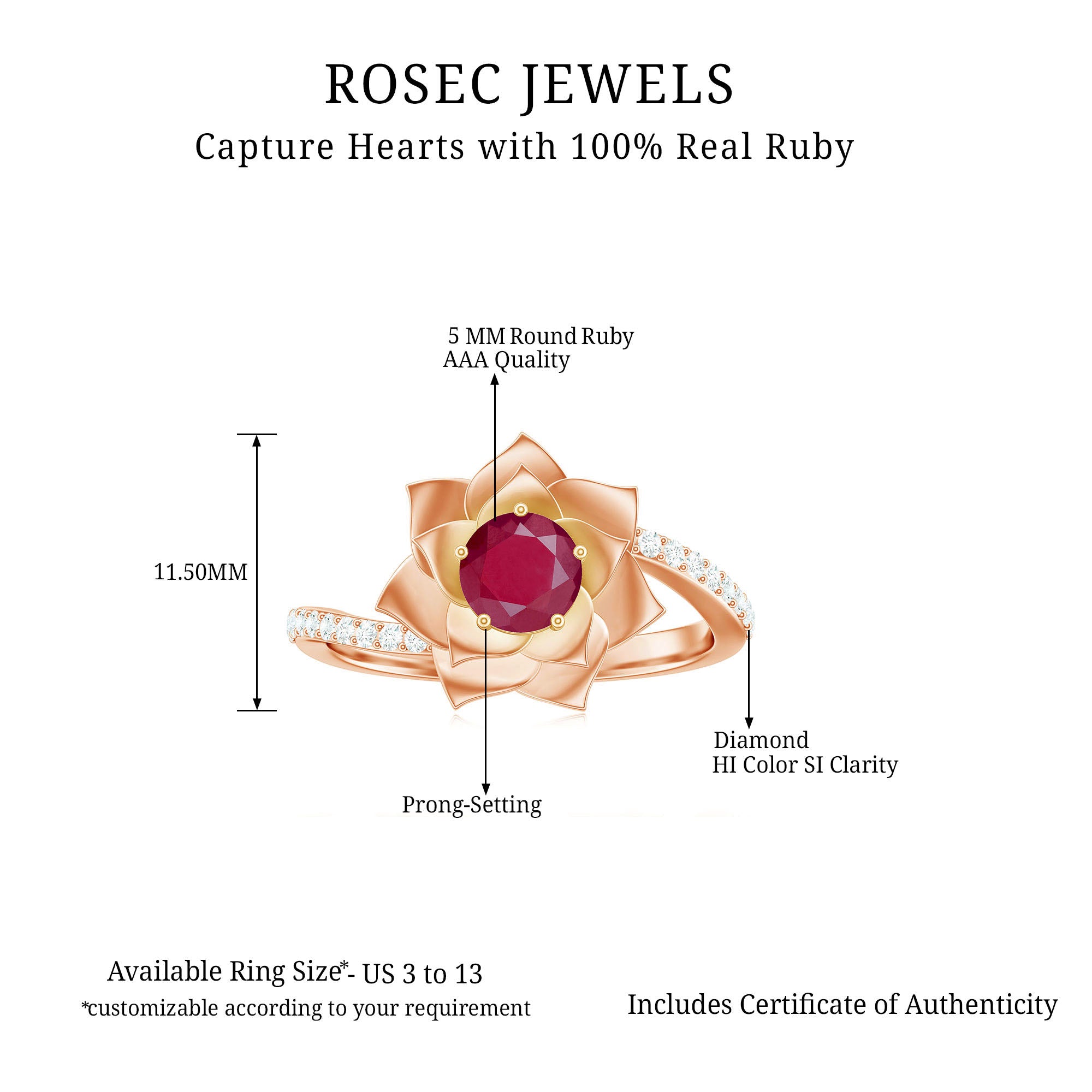 Natural 0.6 Carat Ruby Flower Engagement Ring with Diamond Bypass Shank AAA - Rosec Jewels