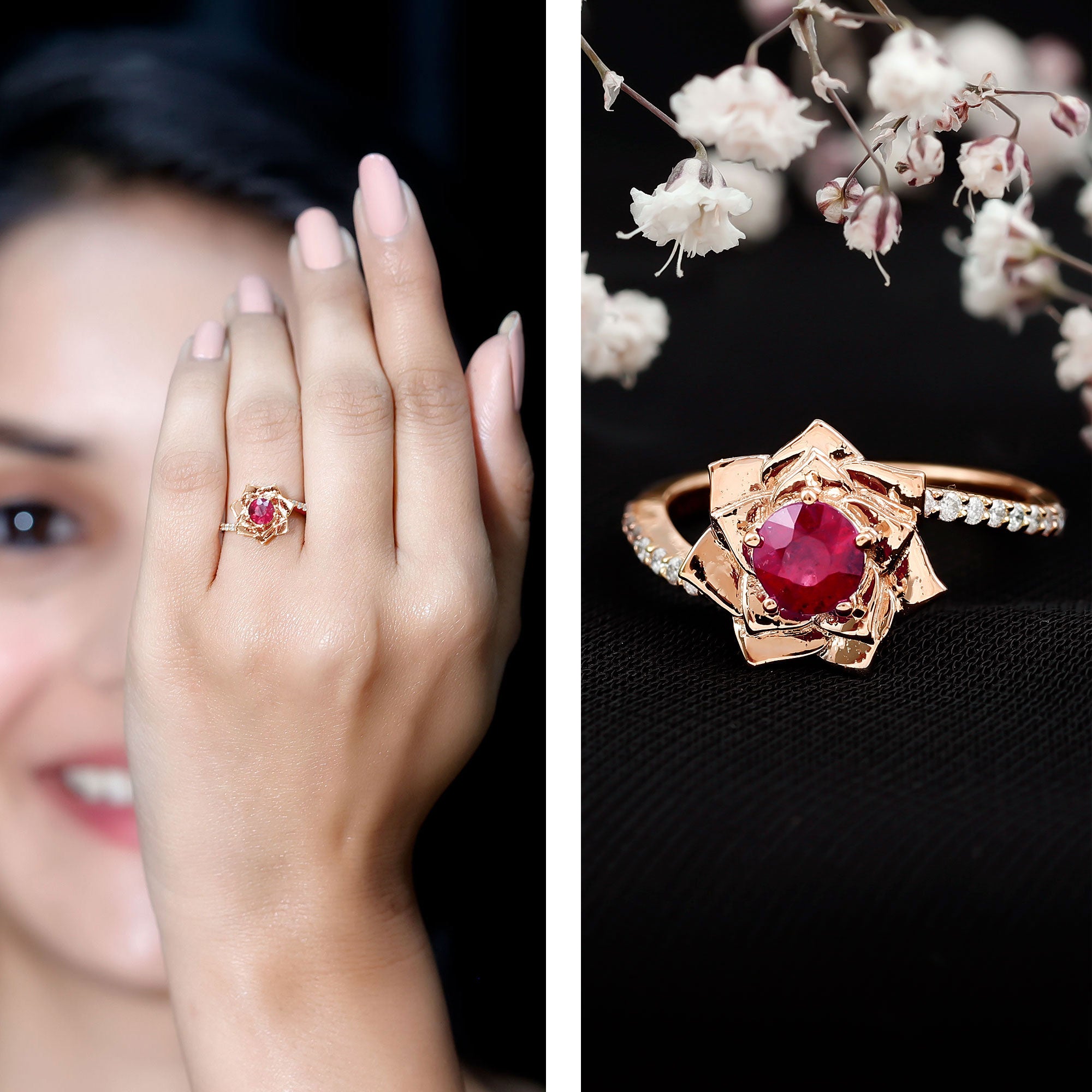 Natural 0.6 Carat Ruby Flower Engagement Ring with Diamond Bypass Shank AAA - Rosec Jewels