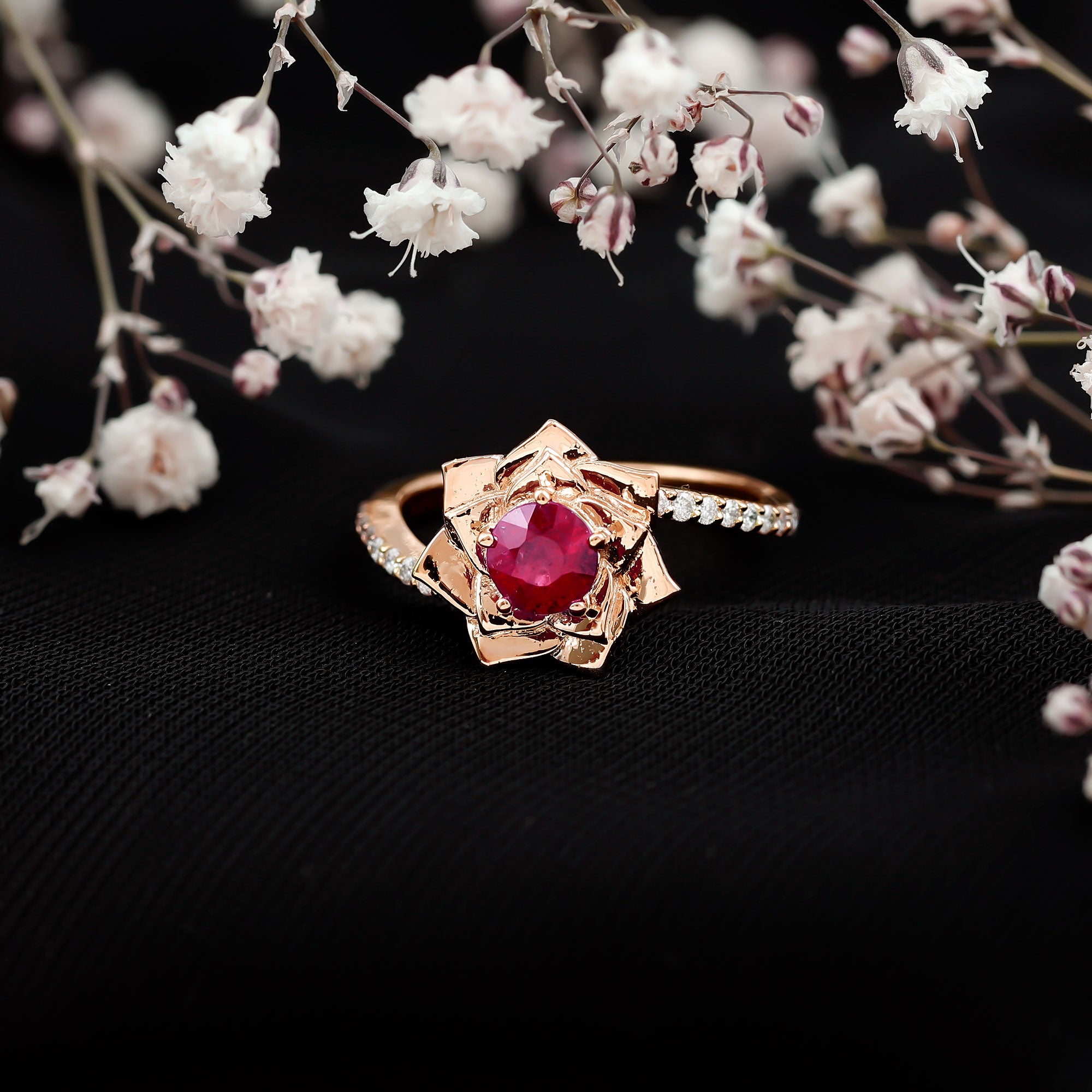 Natural 0.6 Carat Ruby Flower Engagement Ring with Diamond Bypass Shank AAA - Rosec Jewels