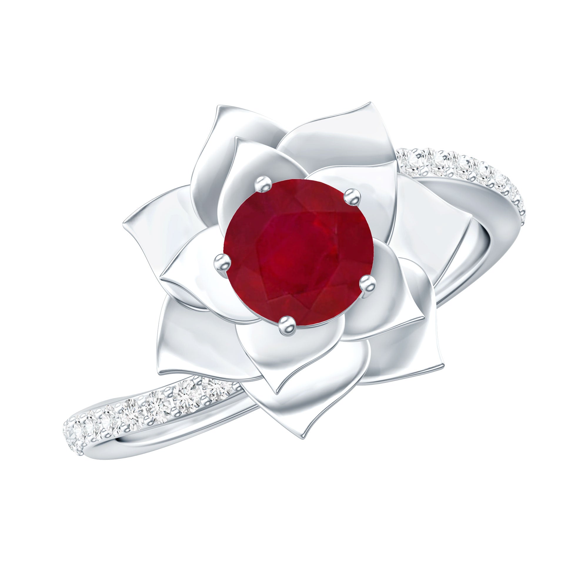 Natural 0.6 Carat Ruby Flower Engagement Ring with Diamond Bypass Shank AAA - Rosec Jewels