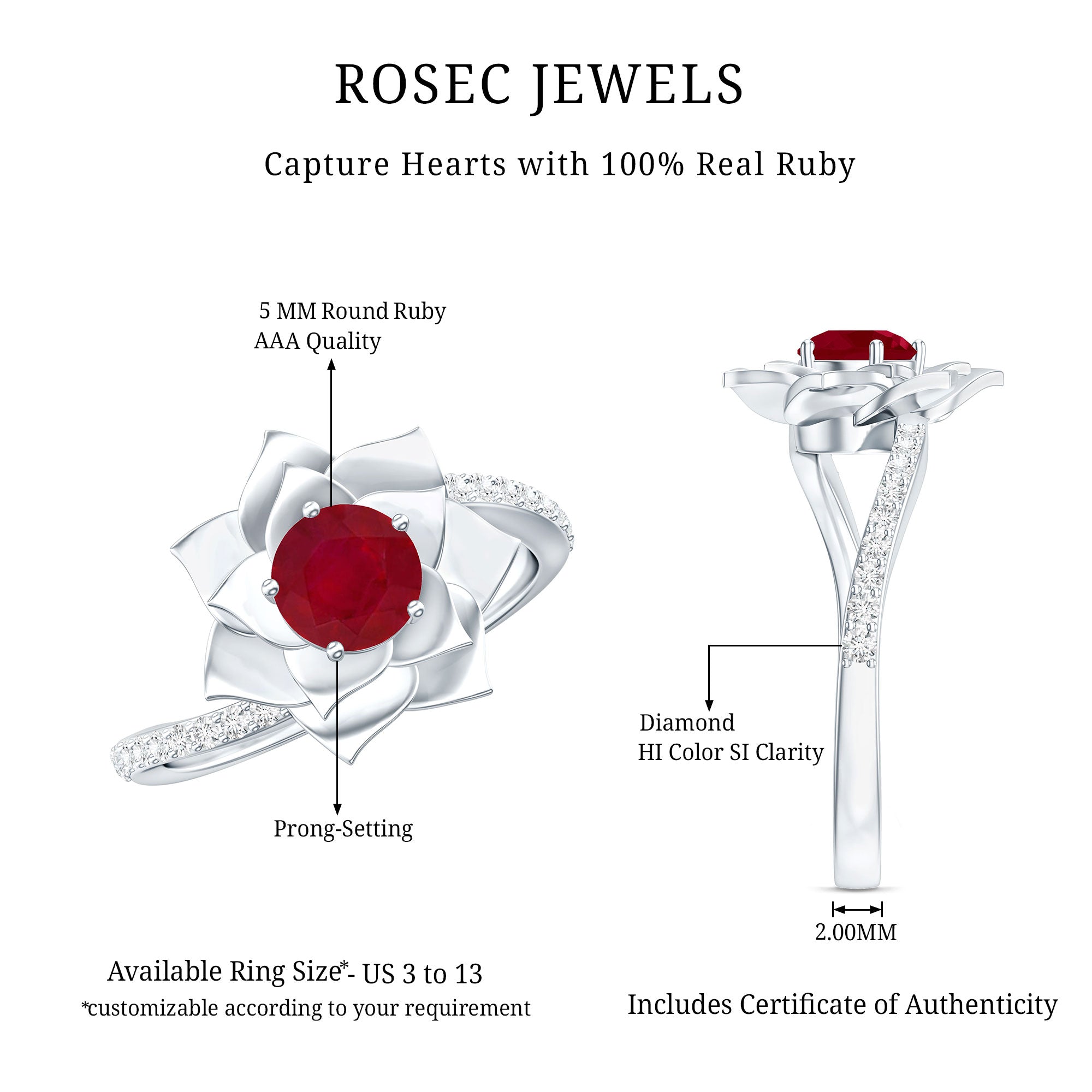 Natural 0.6 Carat Ruby Flower Engagement Ring with Diamond Bypass Shank AAA - Rosec Jewels