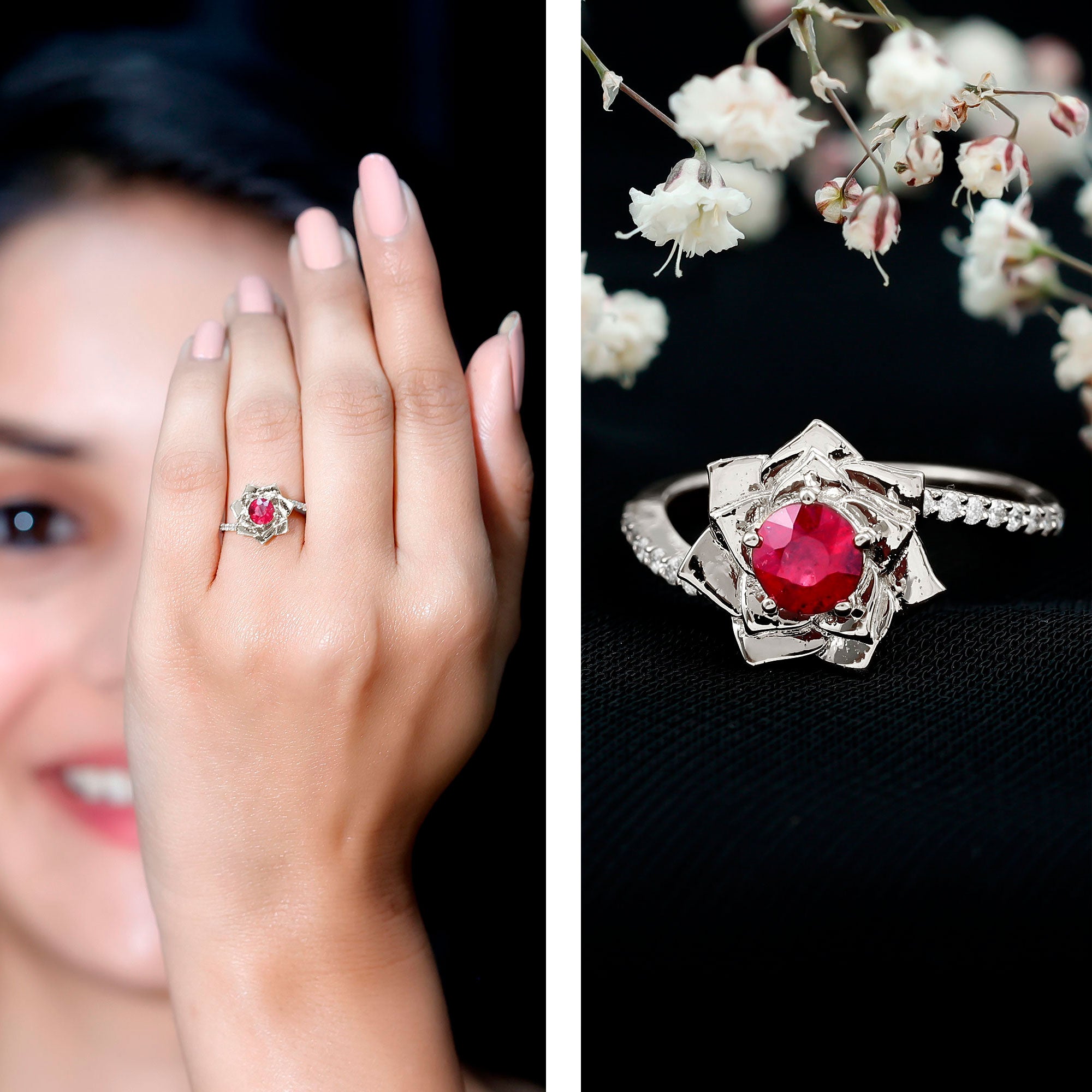 Natural 0.6 Carat Ruby Flower Engagement Ring with Diamond Bypass Shank AAA - Rosec Jewels