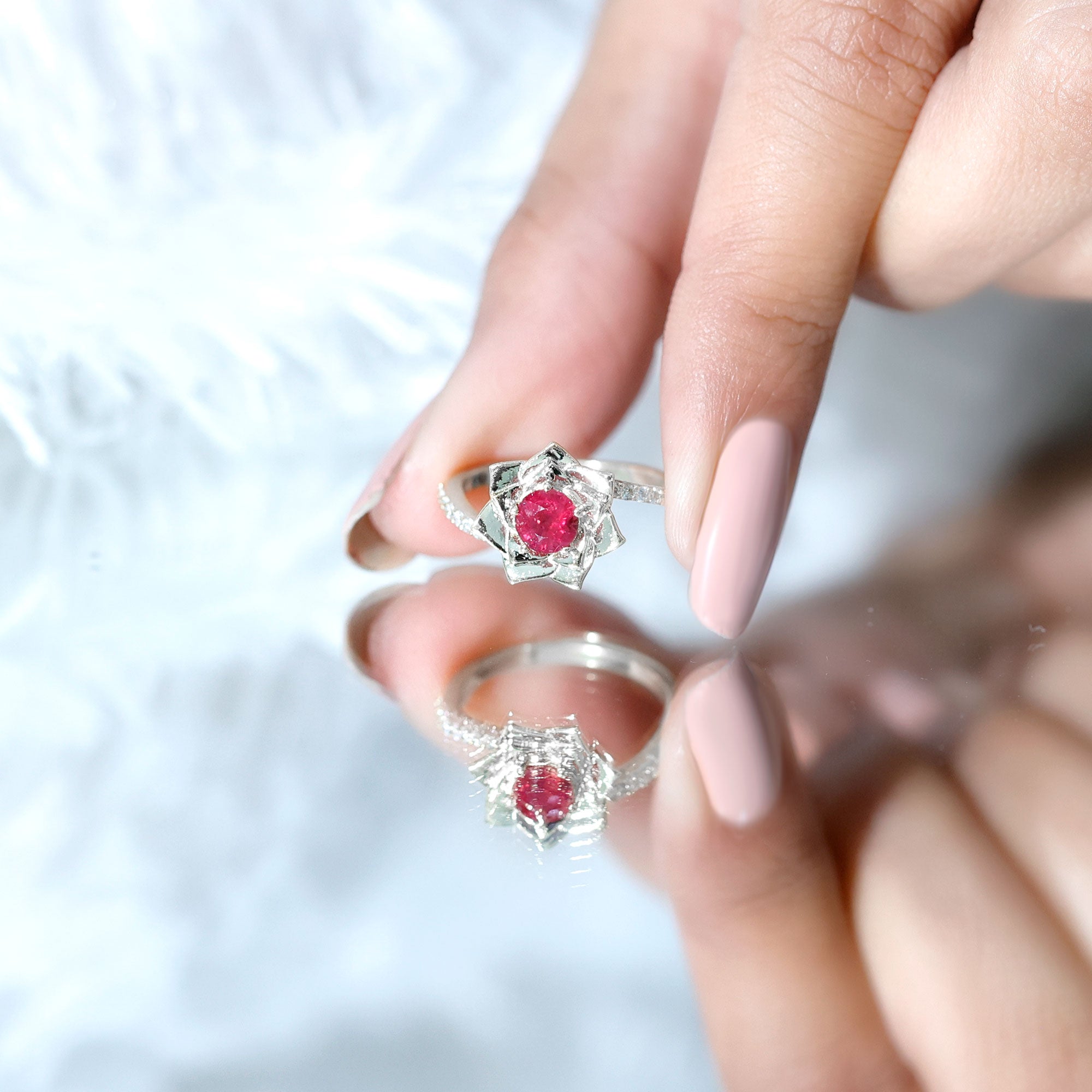 Natural 0.6 Carat Ruby Flower Engagement Ring with Diamond Bypass Shank AAA - Rosec Jewels