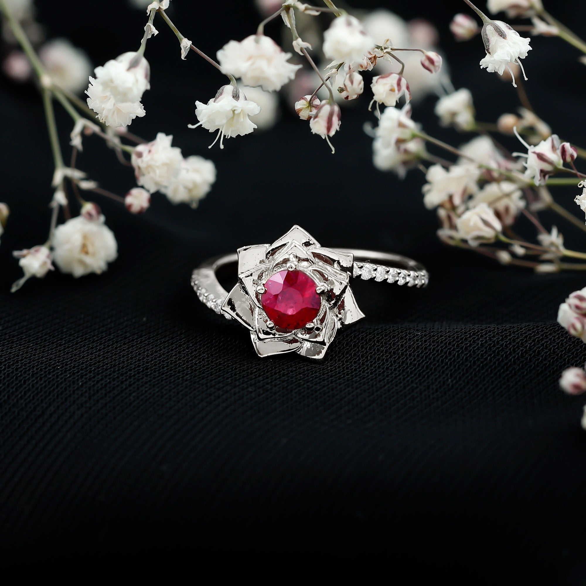 Natural 0.6 Carat Ruby Flower Engagement Ring with Diamond Bypass Shank AAA - Rosec Jewels