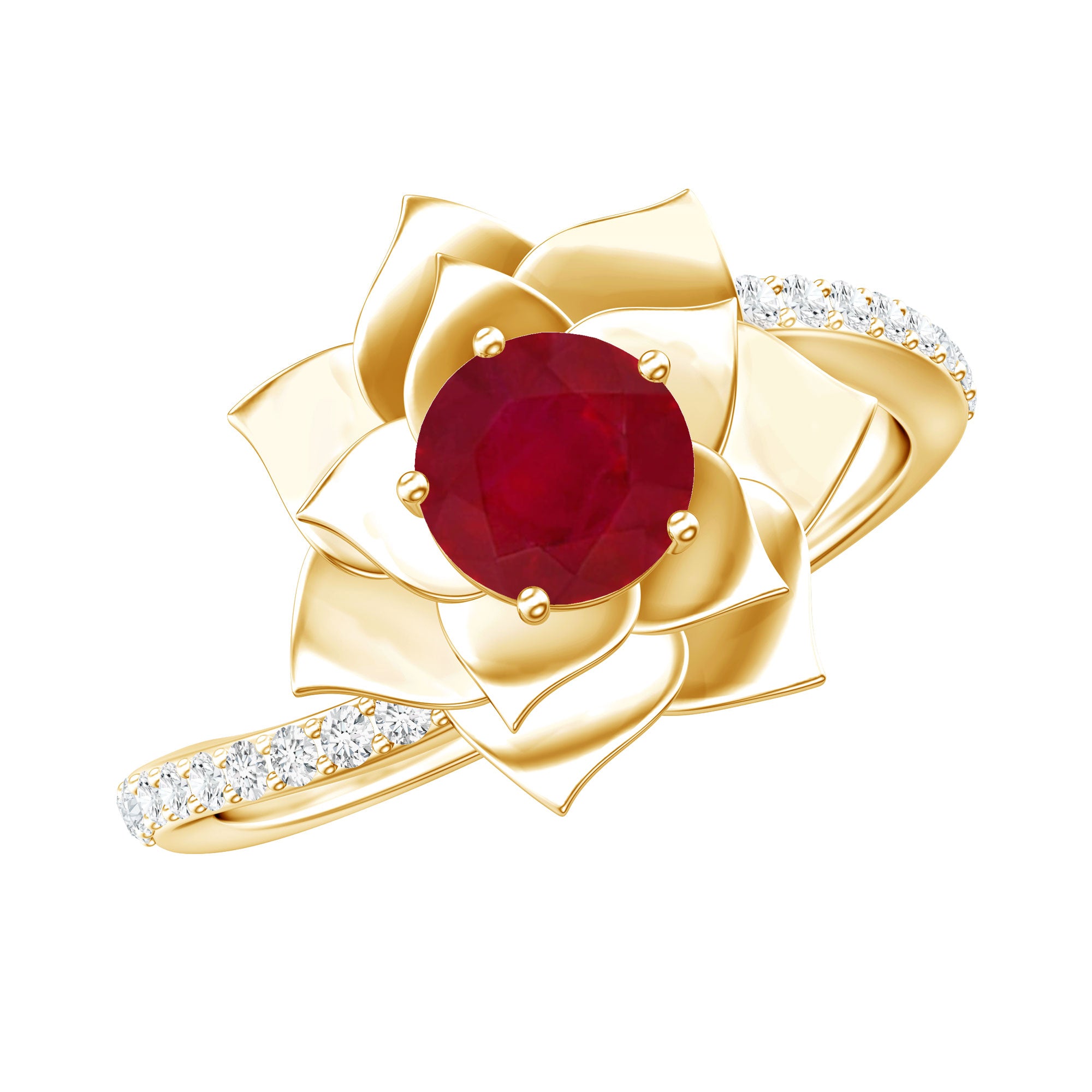 Natural 0.6 Carat Ruby Flower Engagement Ring with Diamond Bypass Shank AAA - Rosec Jewels