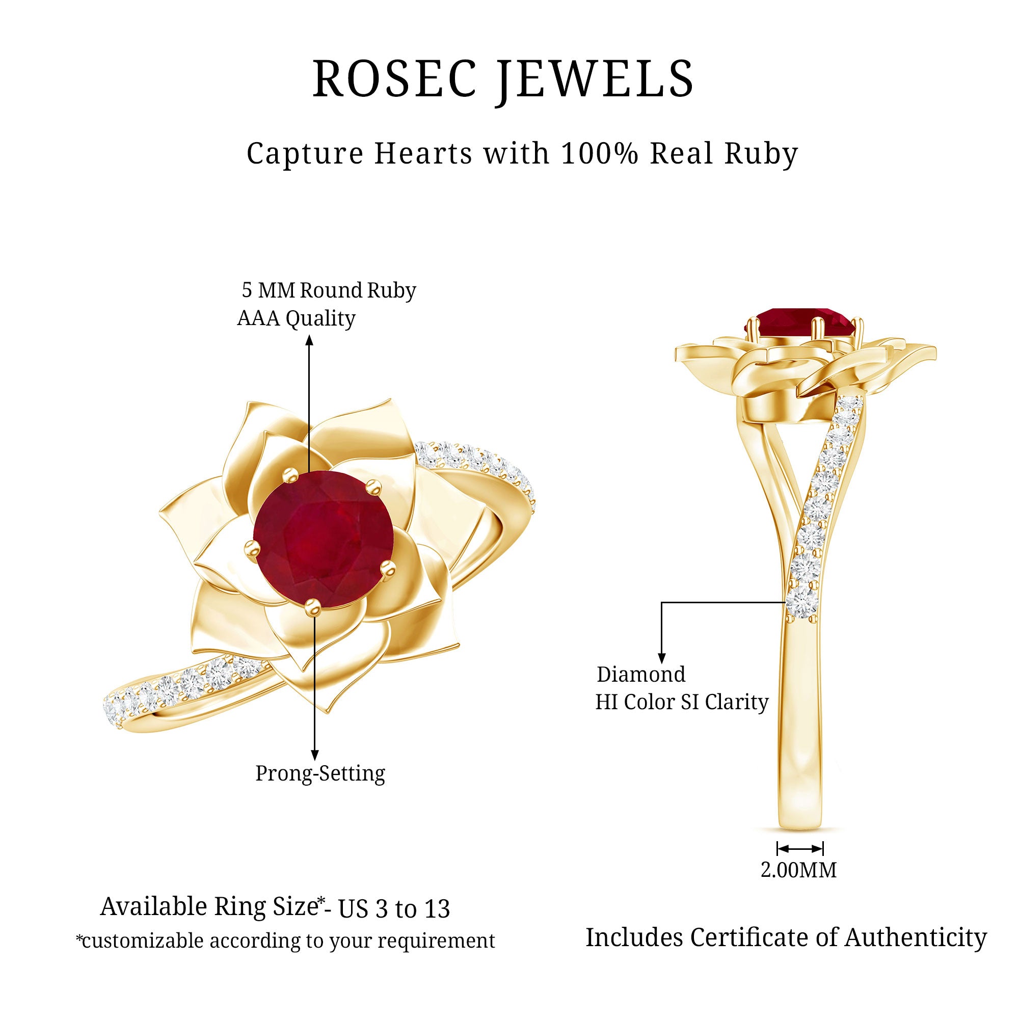 Natural 0.6 Carat Ruby Flower Engagement Ring with Diamond Bypass Shank AAA - Rosec Jewels