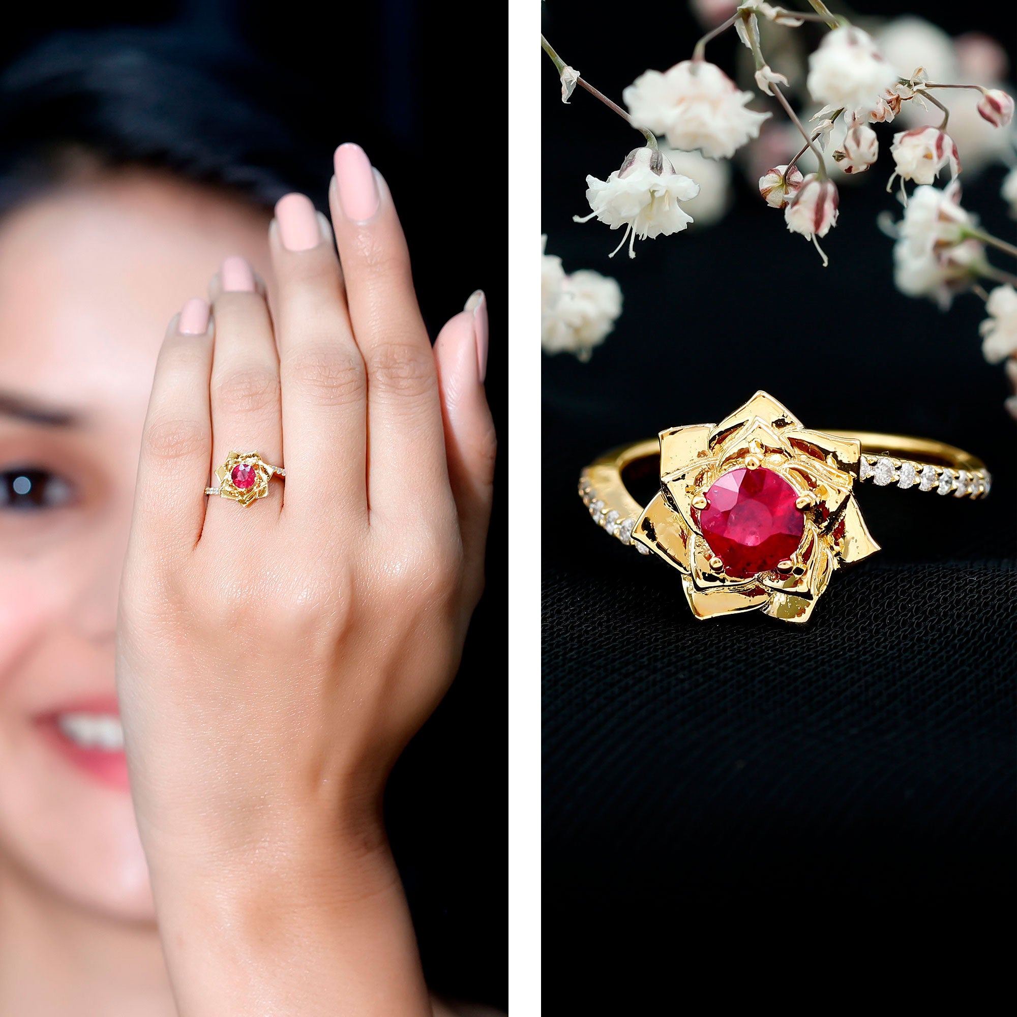 Natural 0.6 Carat Ruby Flower Engagement Ring with Diamond Bypass Shank AAA - Rosec Jewels