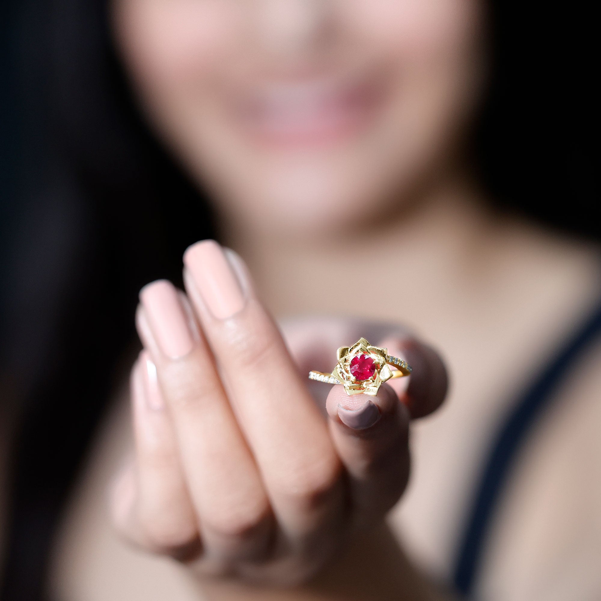Natural 0.6 Carat Ruby Flower Engagement Ring with Diamond Bypass Shank AAA - Rosec Jewels