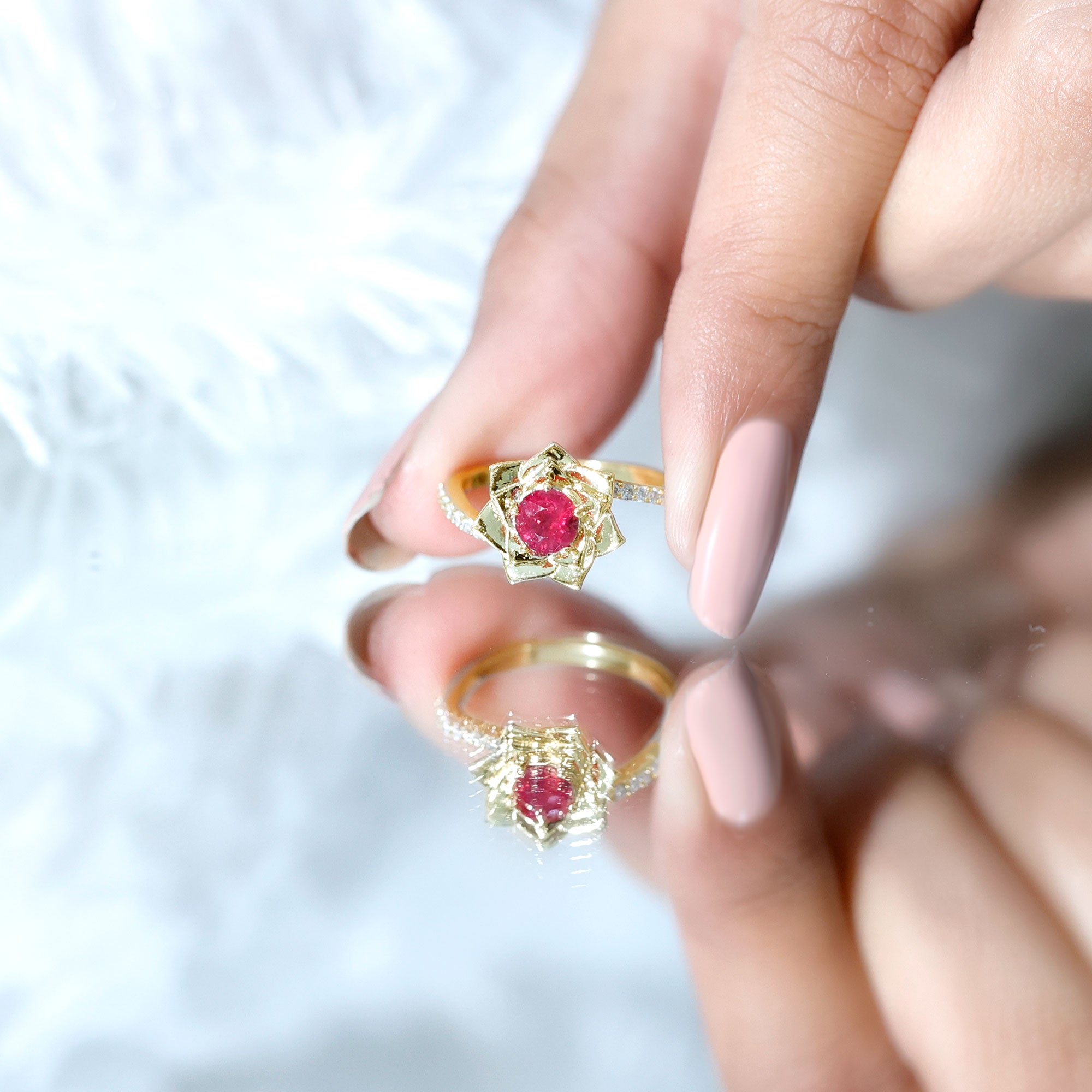 Natural 0.6 Carat Ruby Flower Engagement Ring with Diamond Bypass Shank AAA - Rosec Jewels
