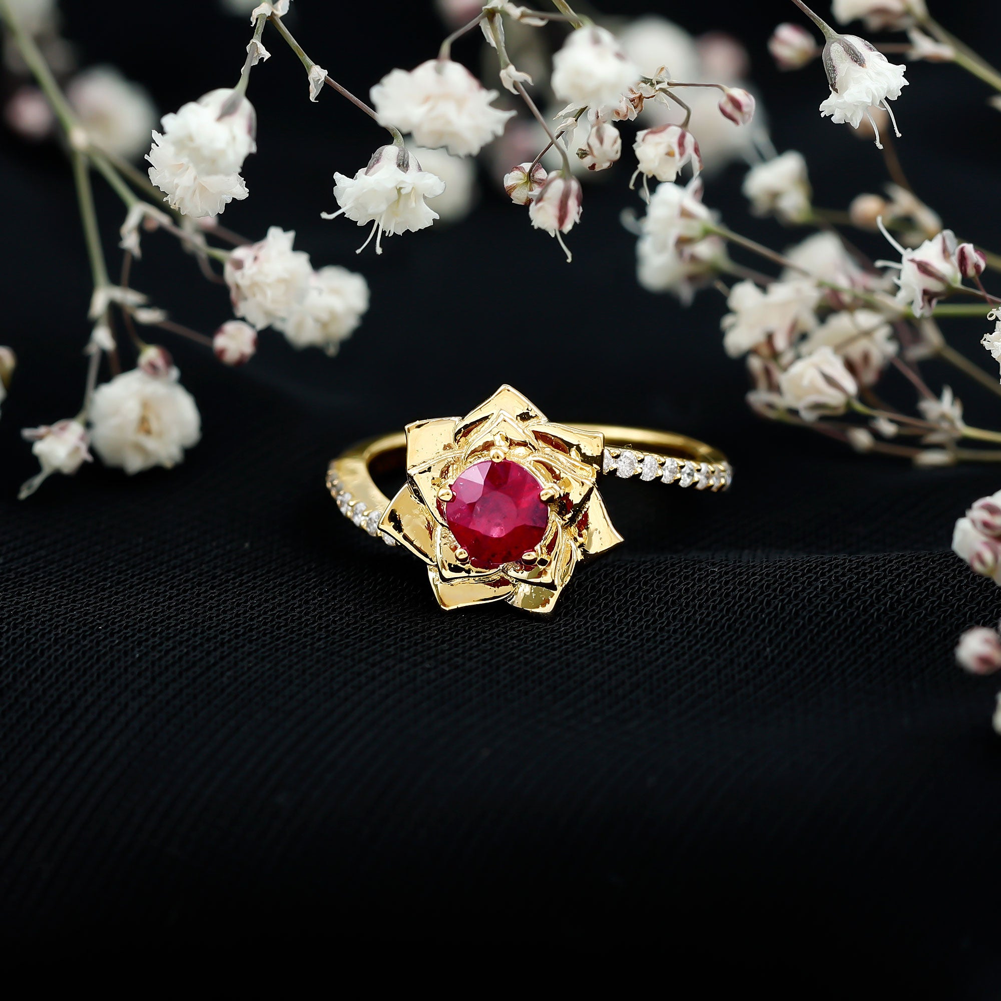 Natural 0.6 Carat Ruby Flower Engagement Ring with Diamond Bypass Shank AAA - Rosec Jewels