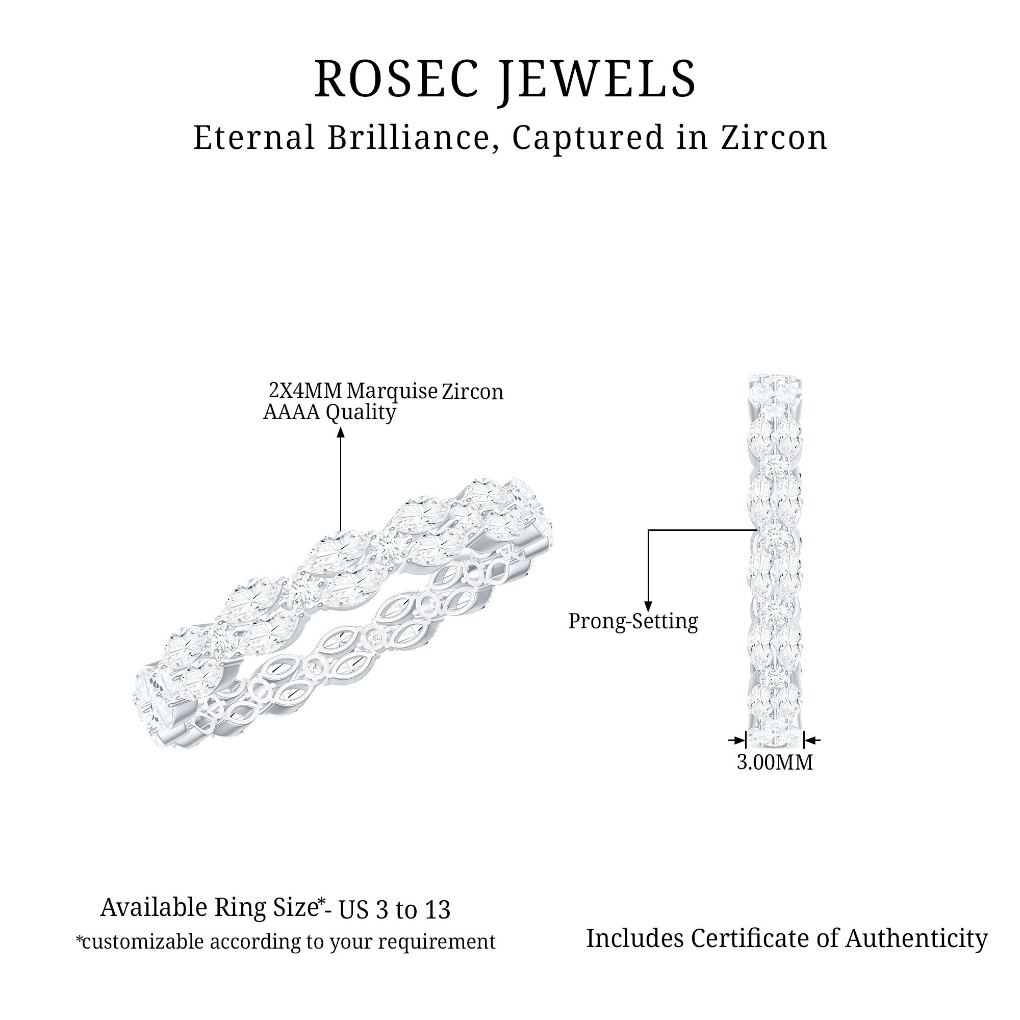 1.25 CT Marquise and Round Cut Zircon Full Eternity Ring AAAA - Rosec Jewels