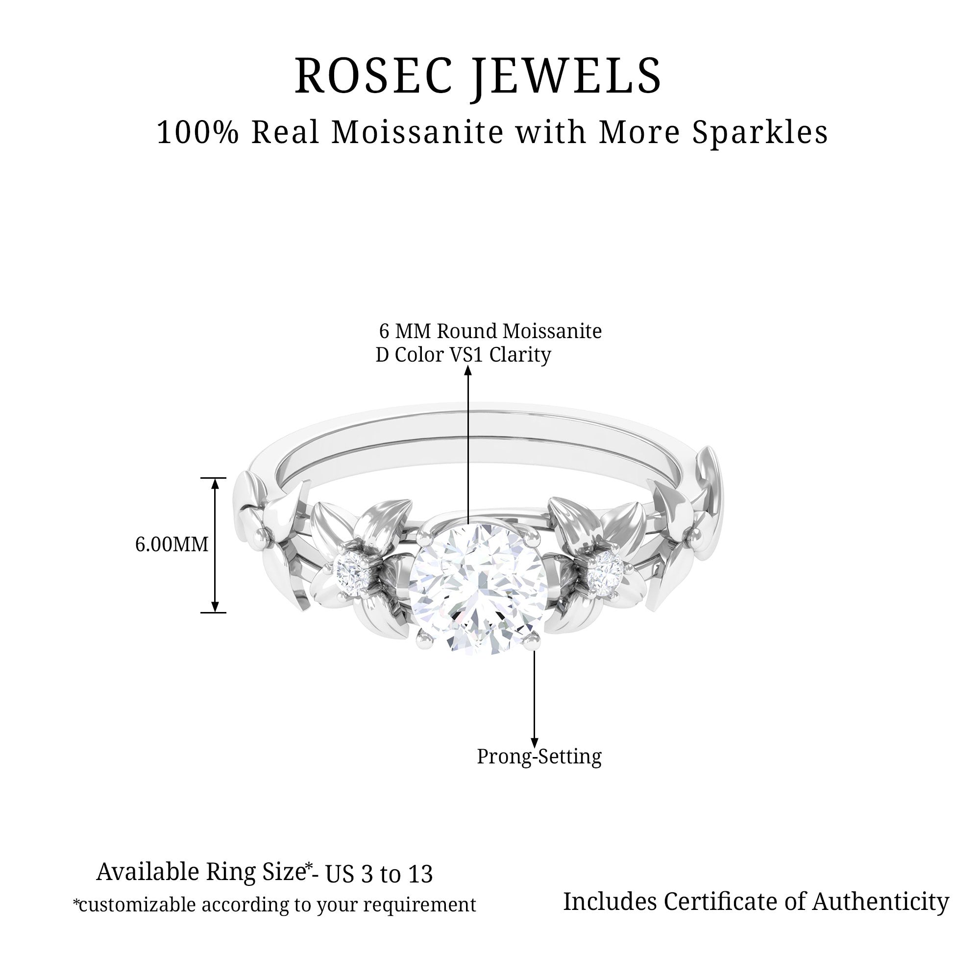 1 CT Solitaire Moissanite Gold Floral Engagement Ring Moissanite - ( D-VS1 ) - Color and Clarity - Rosec Jewels
