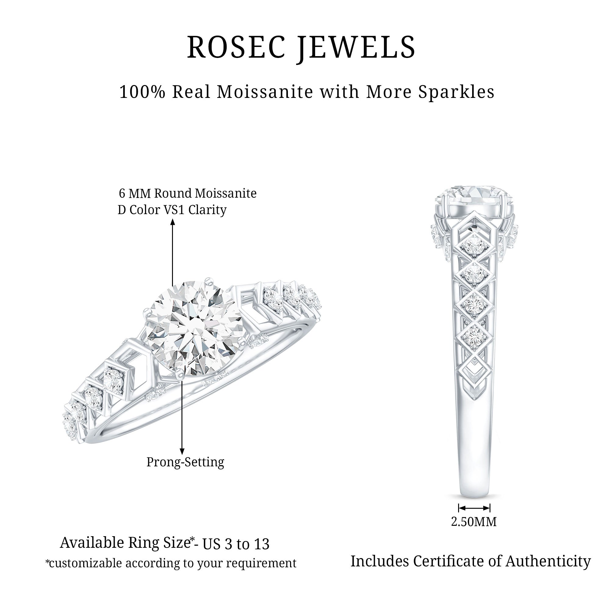 Round Cut Certified Moissanite Art Deco Engagement Ring D-VS1 - Rosec Jewels