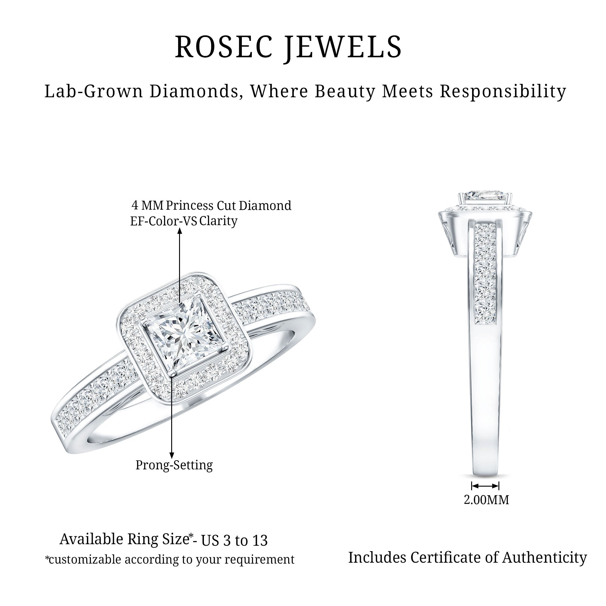 Lab Grown Diamond Princess Cut Engagement Ring with Halo Lab - ( EF-VS ) - Rosec Jewels