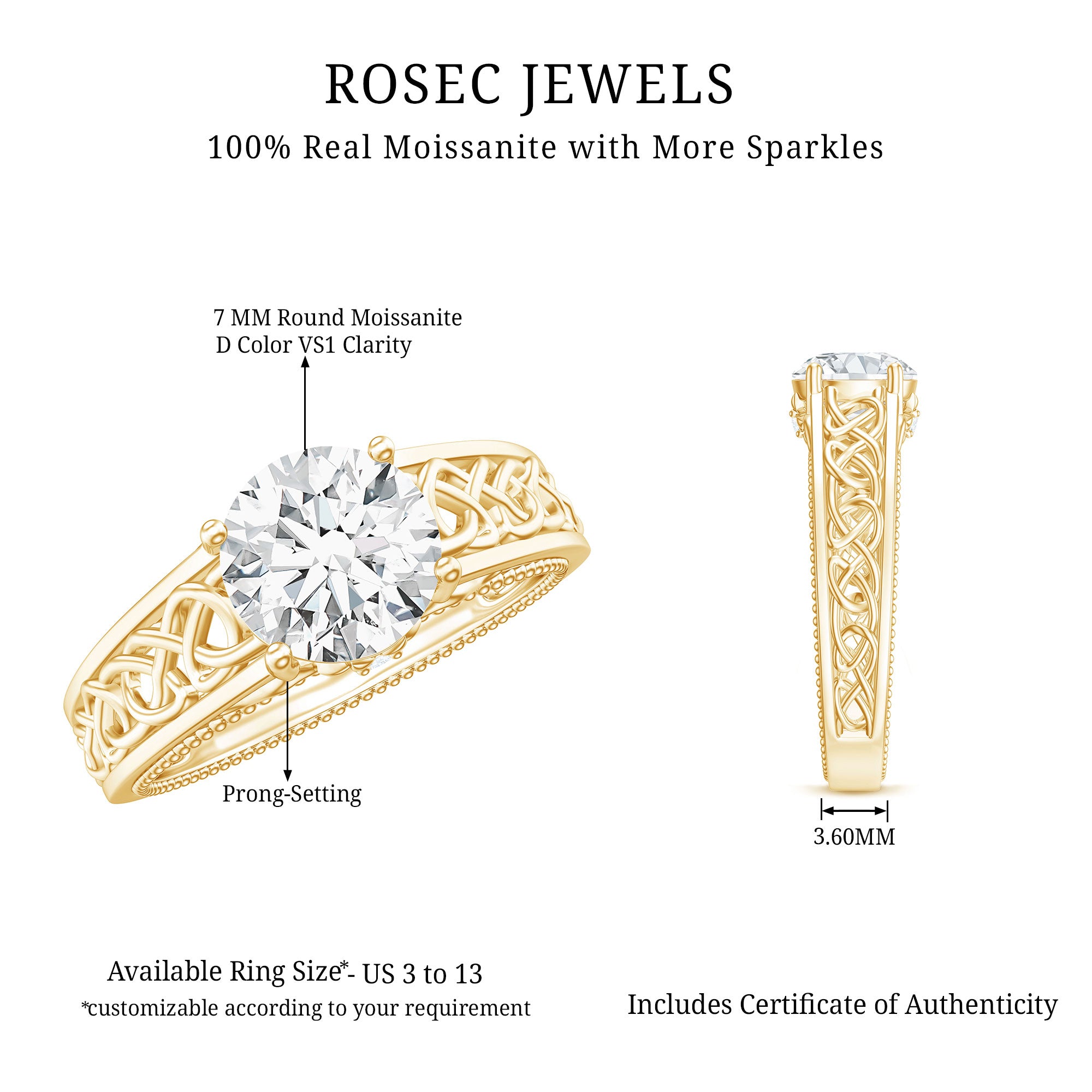 Moissanite Vintage Style Engagement Ring with Celtic Details D-VS1 - Rosec Jewels