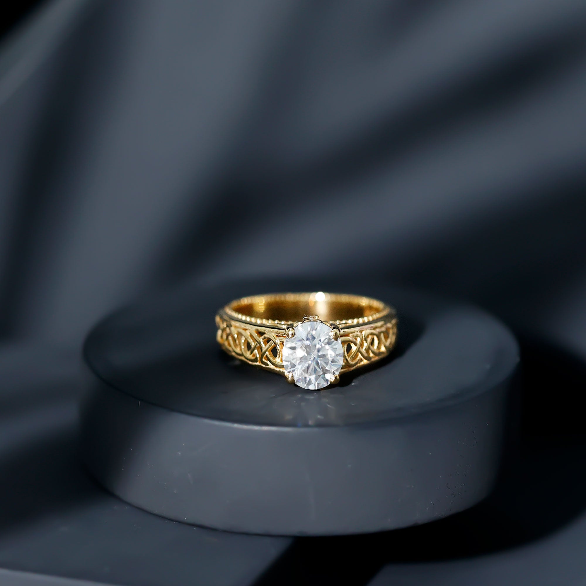 Moissanite Vintage Style Engagement Ring with Celtic Details D-VS1 - Rosec Jewels