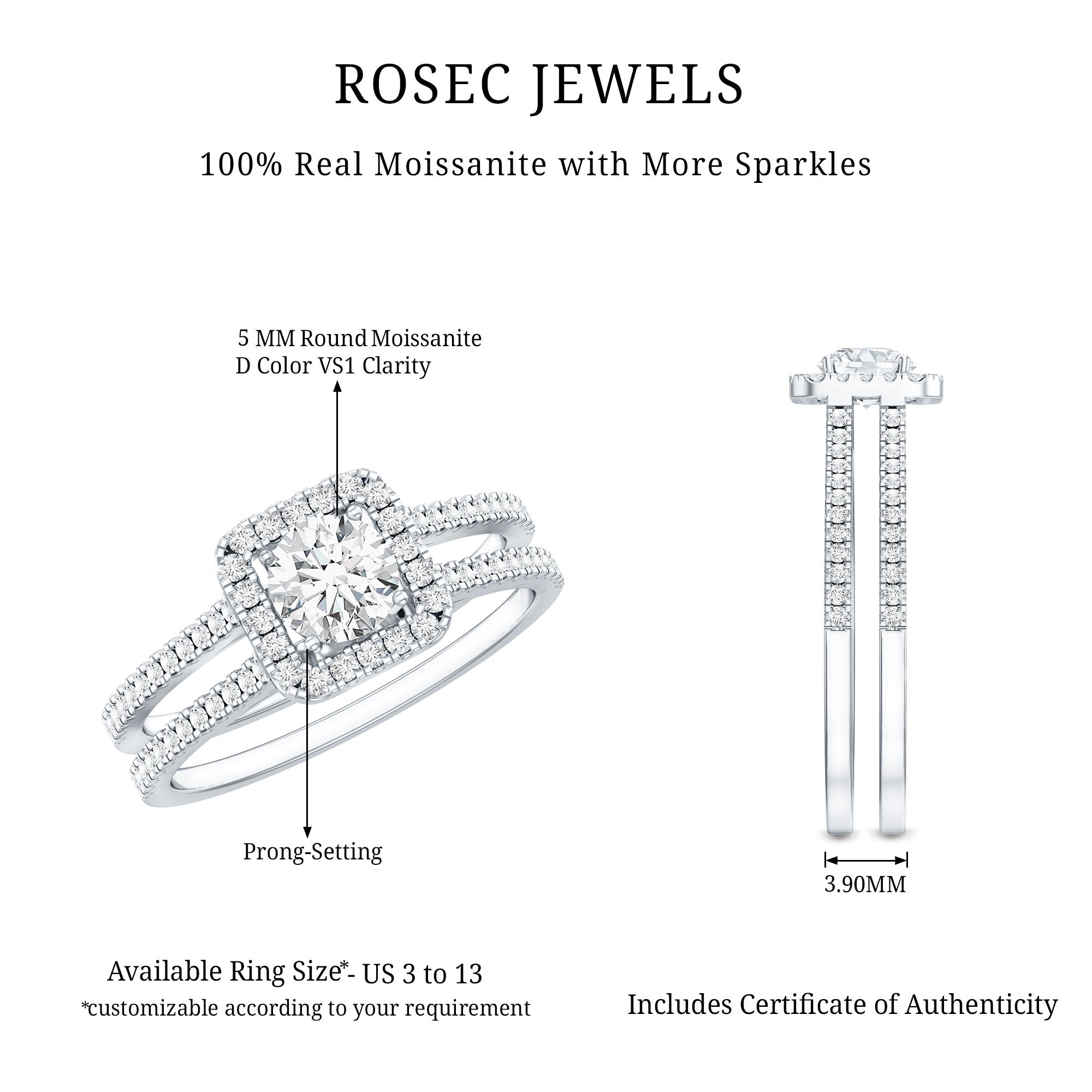Classic Moissanite Double Band Engagement Ring with Halo D-VS1 - Rosec Jewels