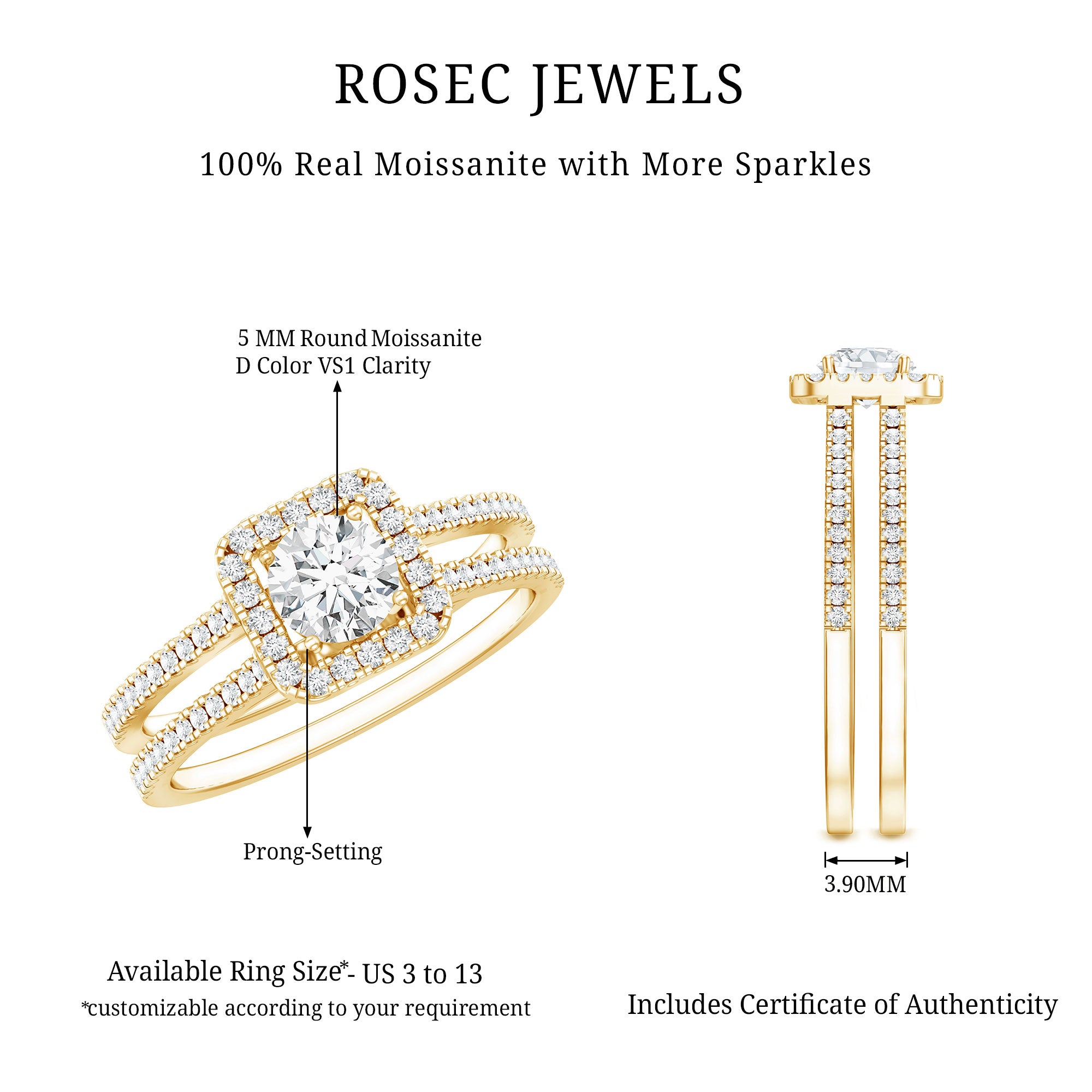Classic Moissanite Double Band Engagement Ring with Halo D-VS1 - Rosec Jewels