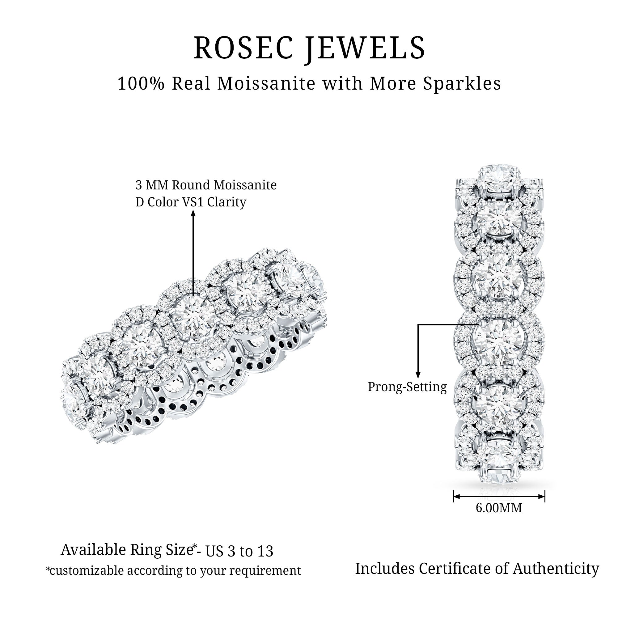 Certified Moissanite Statement Wedding Band for Women D-VS1 - Rosec Jewels