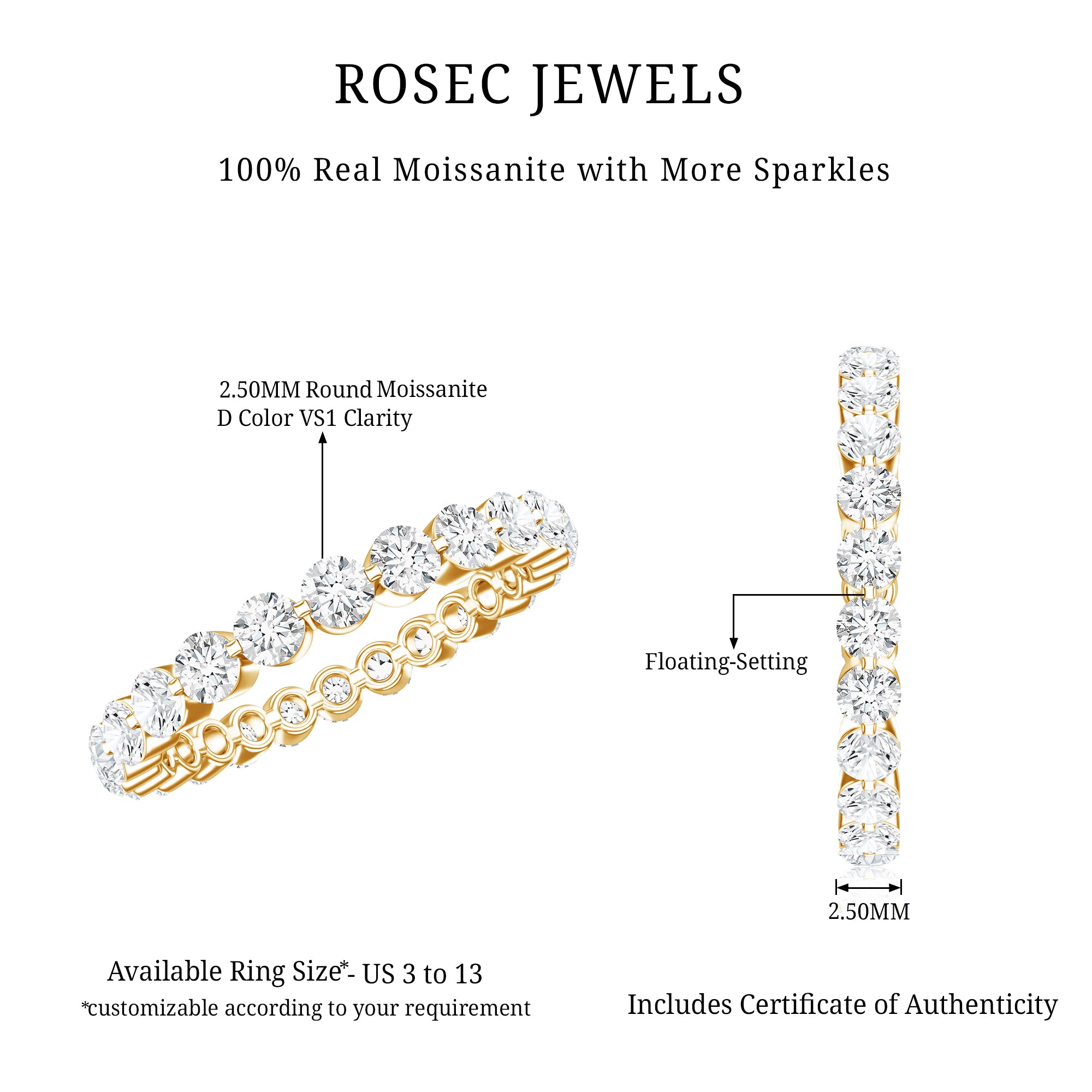 Certified Round Cut Moissanite Eternity Band Ring D-VS1 - Rosec Jewels