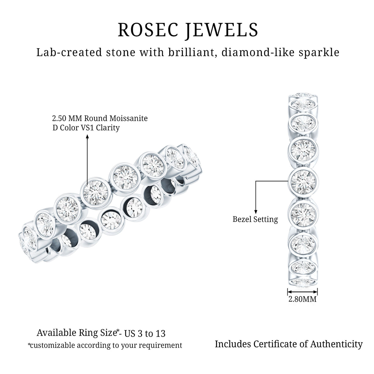 Certified Bezel Set Moissanite Full Eternity Band Ring For Women D-VS1 - Rosec Jewels