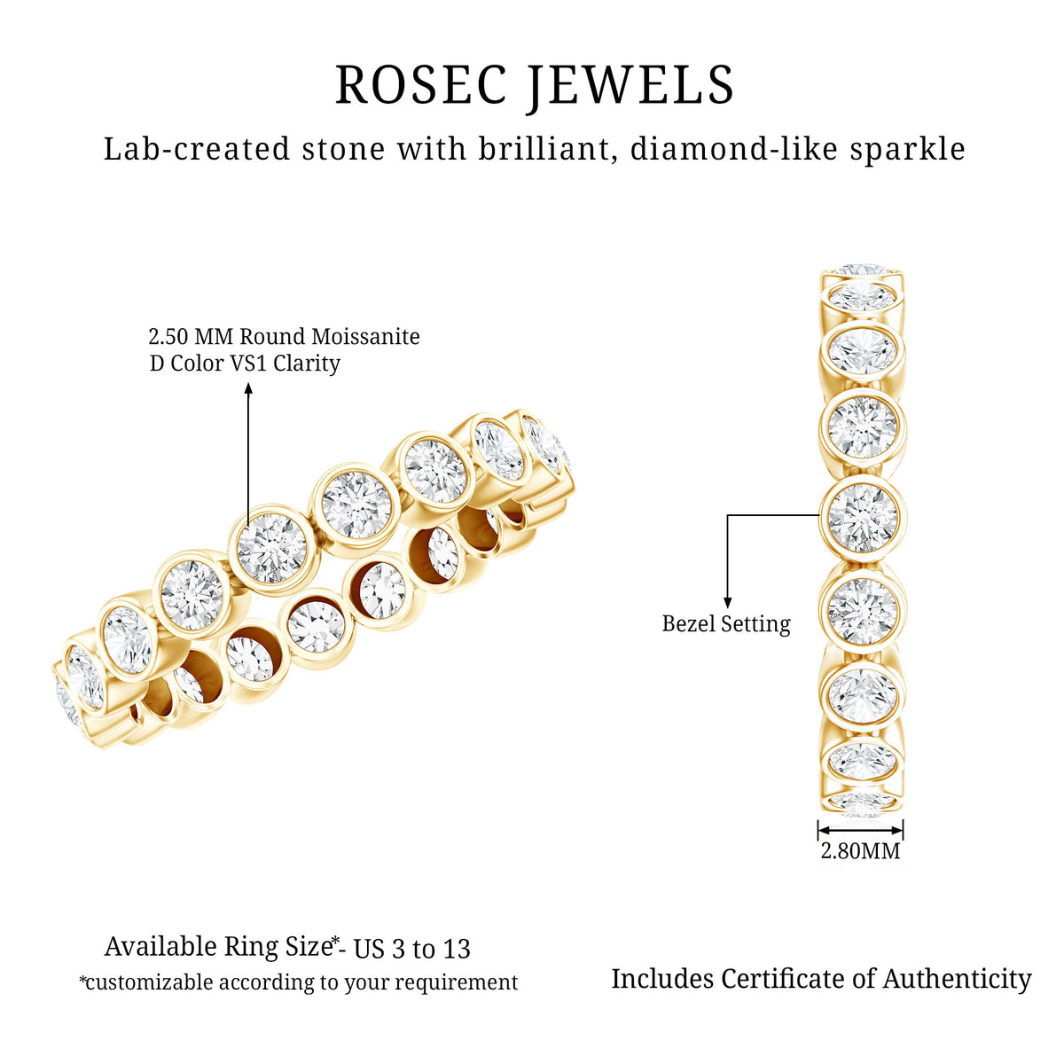 Certified Bezel Set Moissanite Full Eternity Band Ring For Women D-VS1 - Rosec Jewels