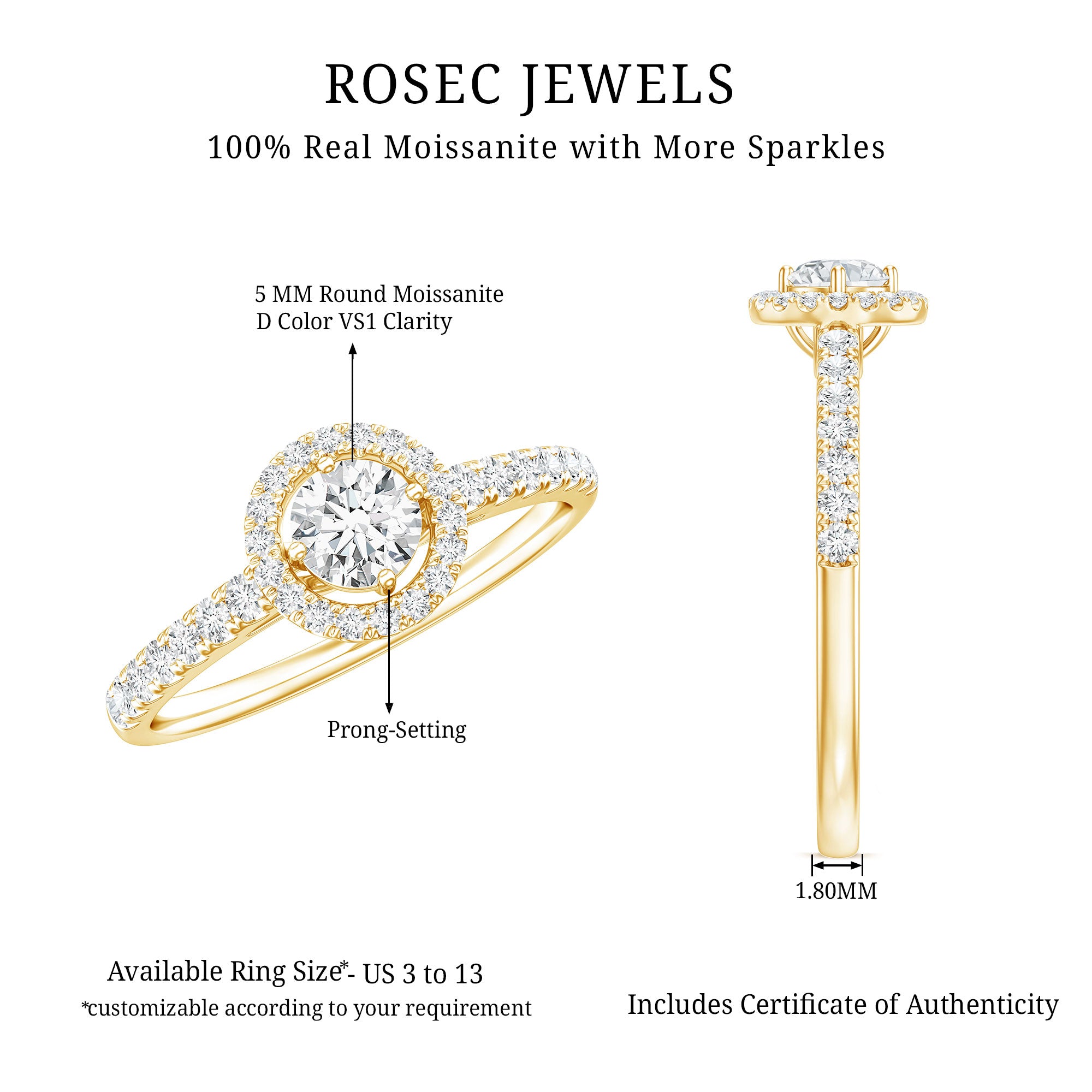 Brilliant Cut Moissanite Promise Ring With Certificate D-VS1 - Rosec Jewels
