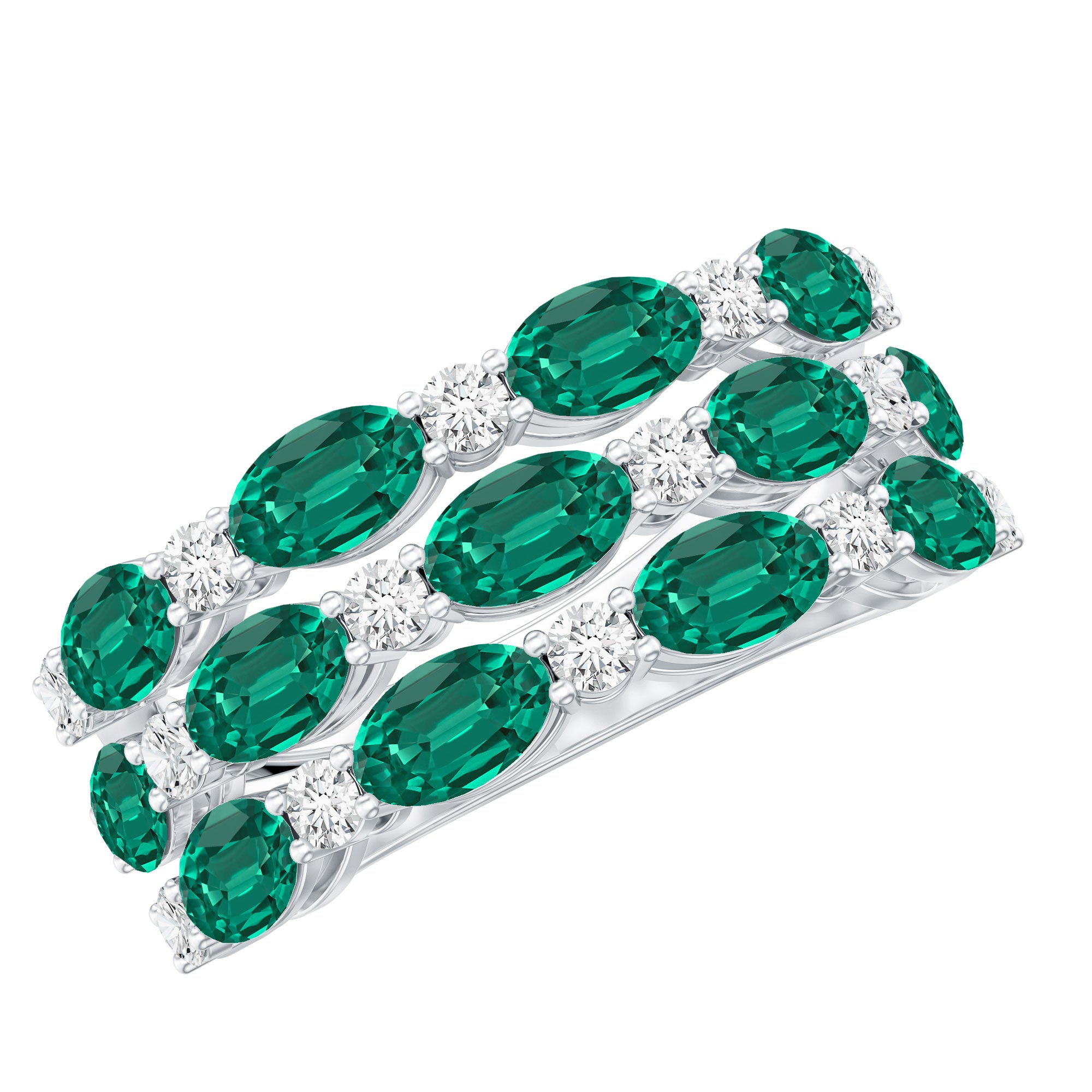 Oval Cut Lab Grown Emerald Statement Wedding Band with Diamond AAAA - Rosec Jewels