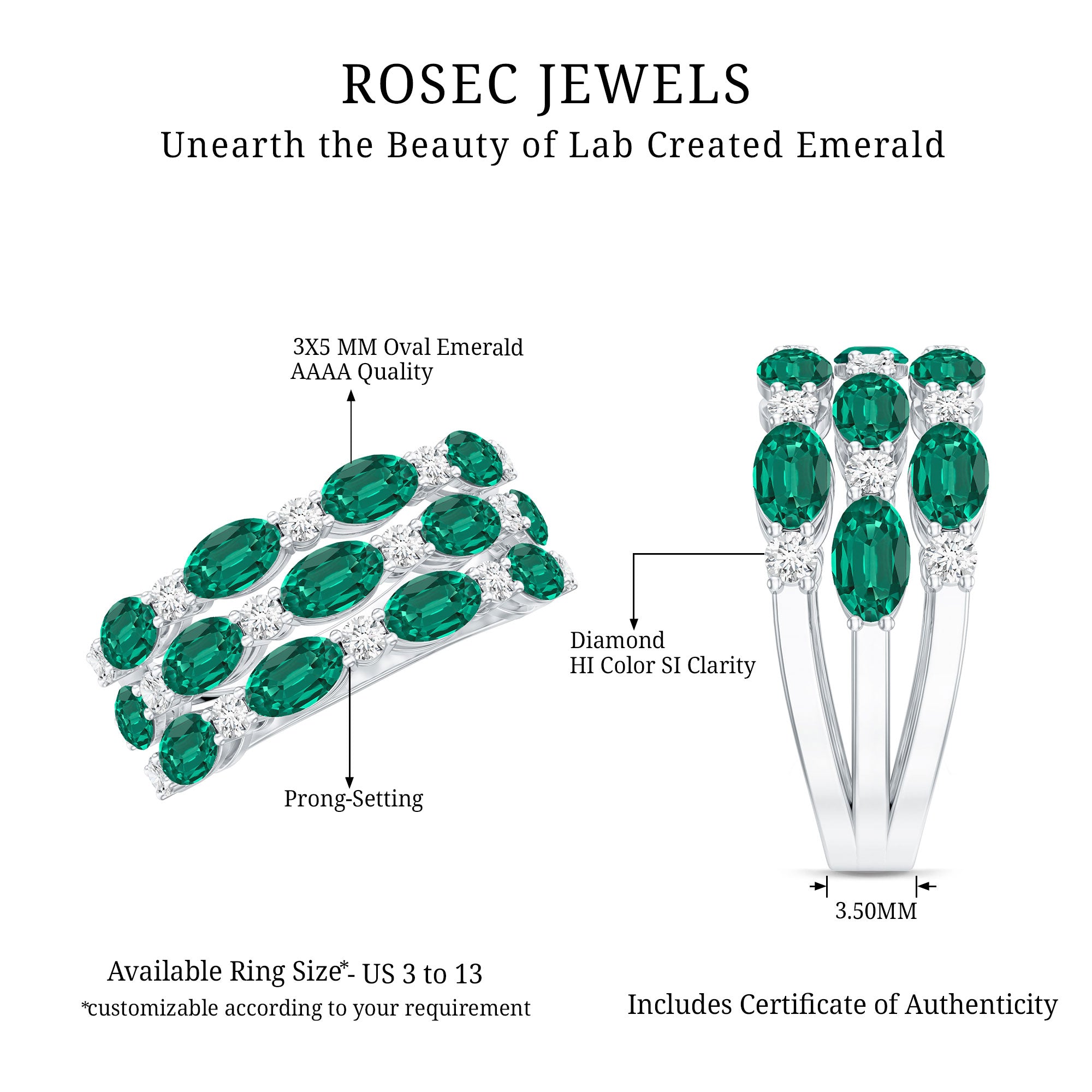 Oval Cut Lab Grown Emerald Statement Wedding Band with Diamond AAAA - Rosec Jewels