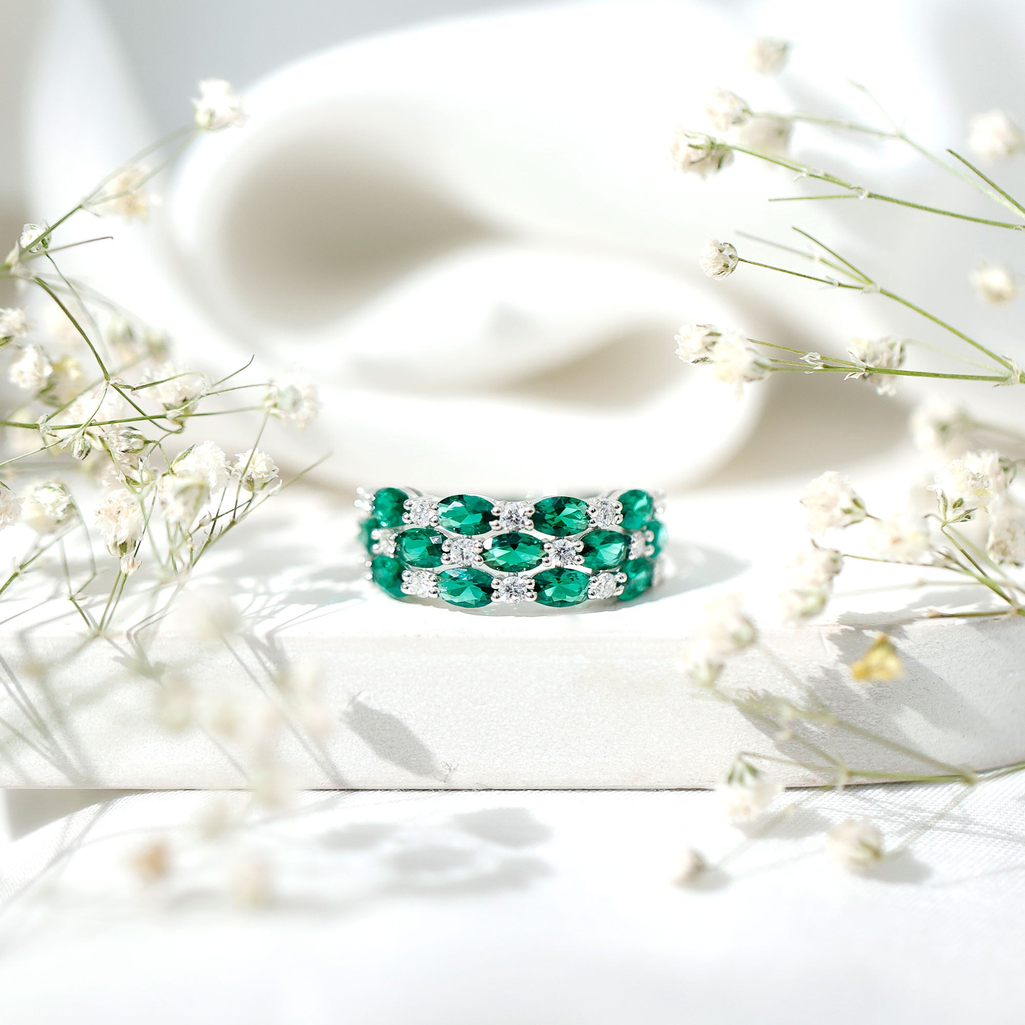 Oval Cut Lab Grown Emerald Statement Wedding Band with Diamond AAAA - Rosec Jewels