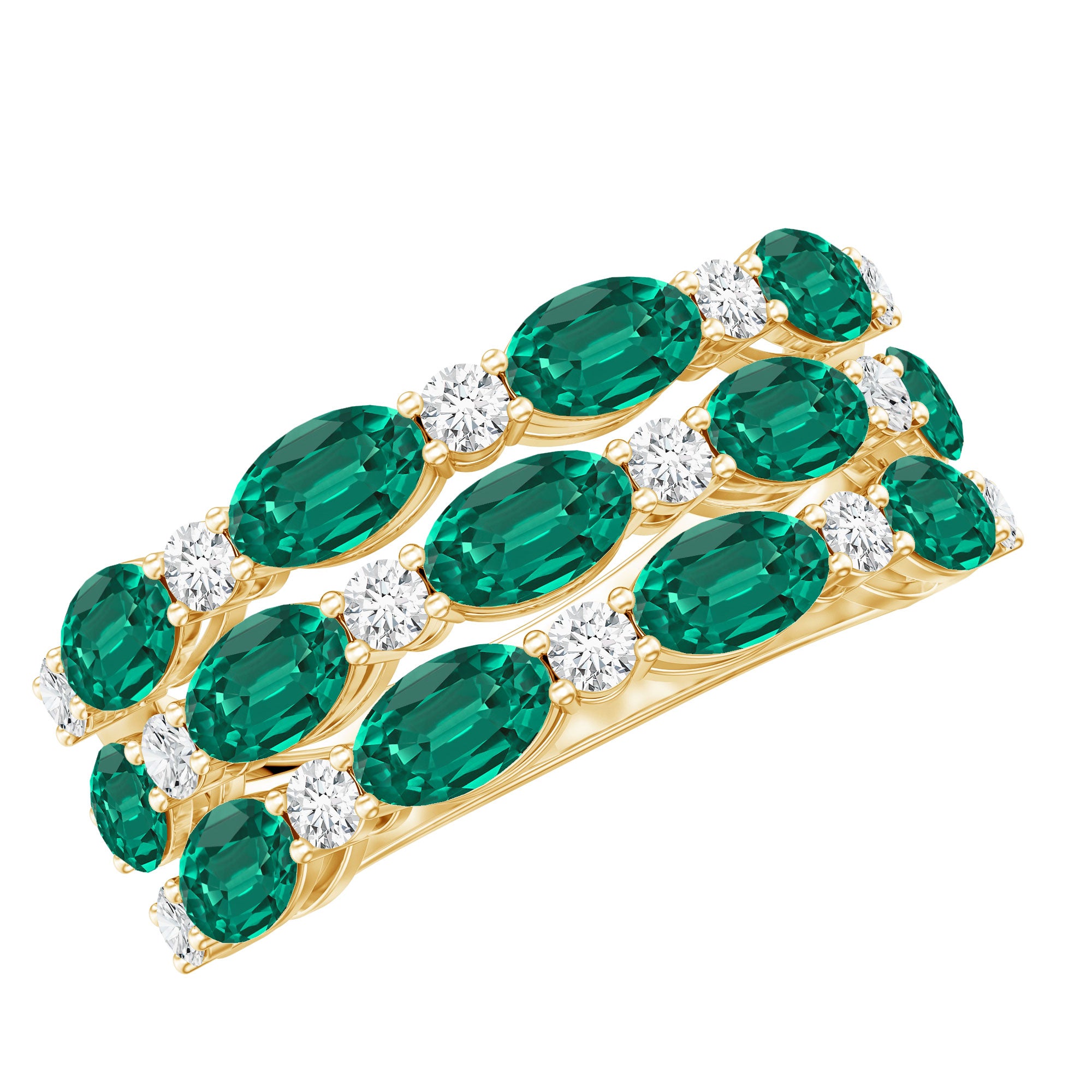 Oval Cut Lab Grown Emerald Statement Wedding Band with Diamond AAAA - Rosec Jewels