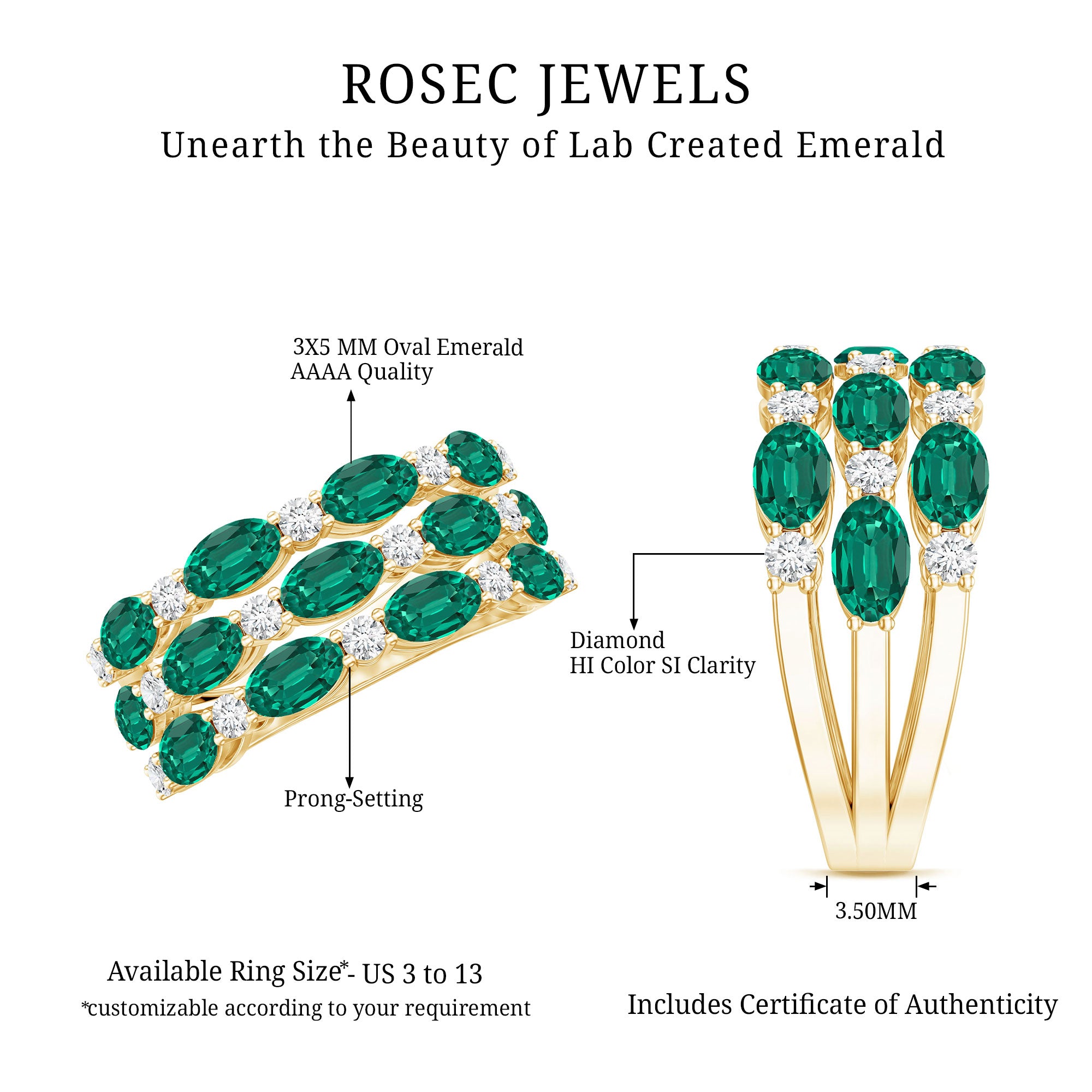 Oval Cut Lab Grown Emerald Statement Wedding Band with Diamond AAAA - Rosec Jewels