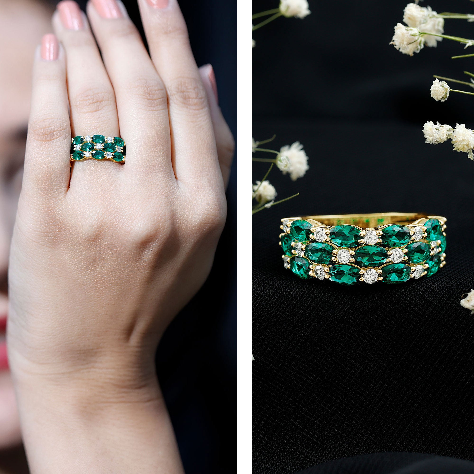 Oval Cut Lab Grown Emerald Statement Wedding Band with Diamond AAAA - Rosec Jewels