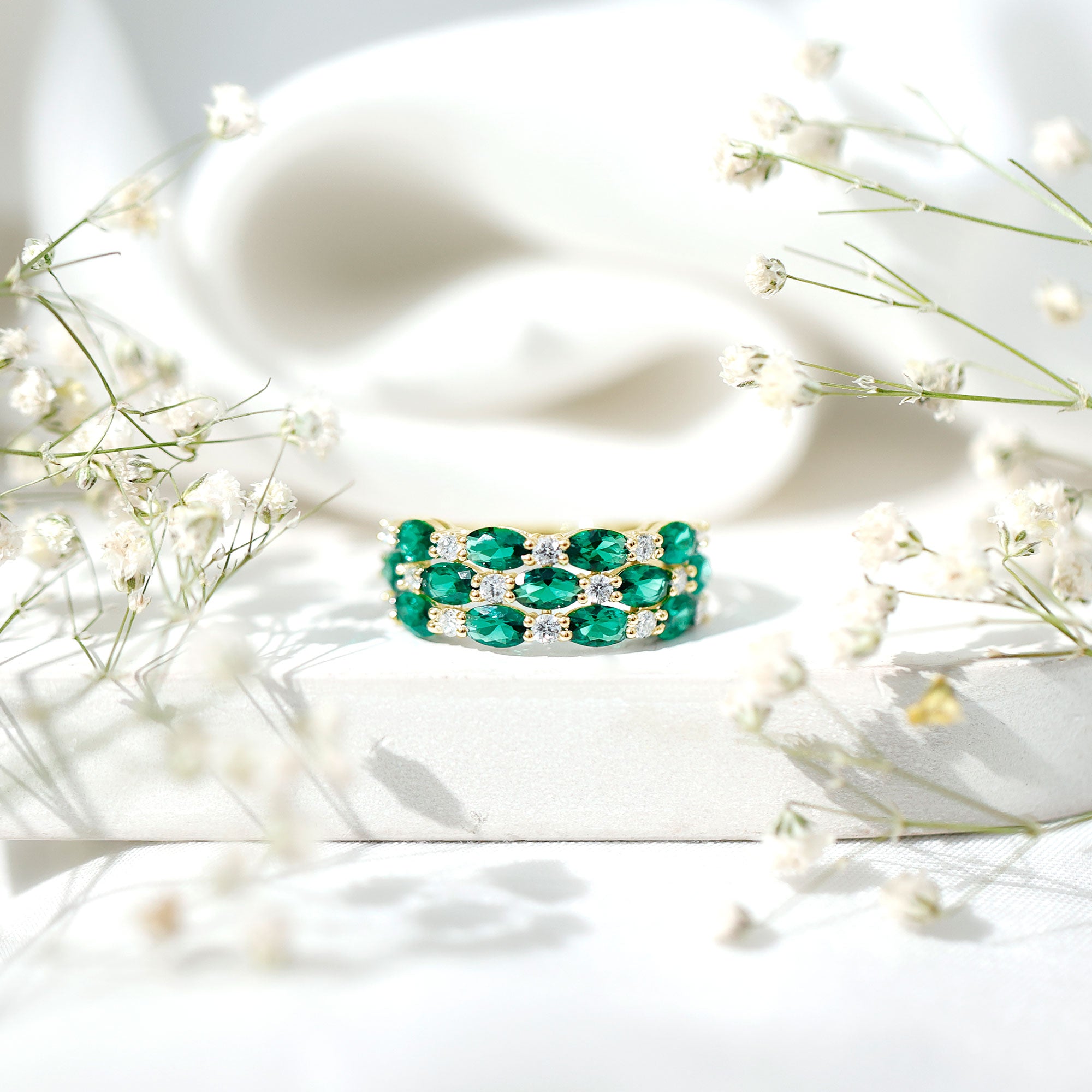 Oval Cut Lab Grown Emerald Statement Wedding Band with Diamond AAAA - Rosec Jewels