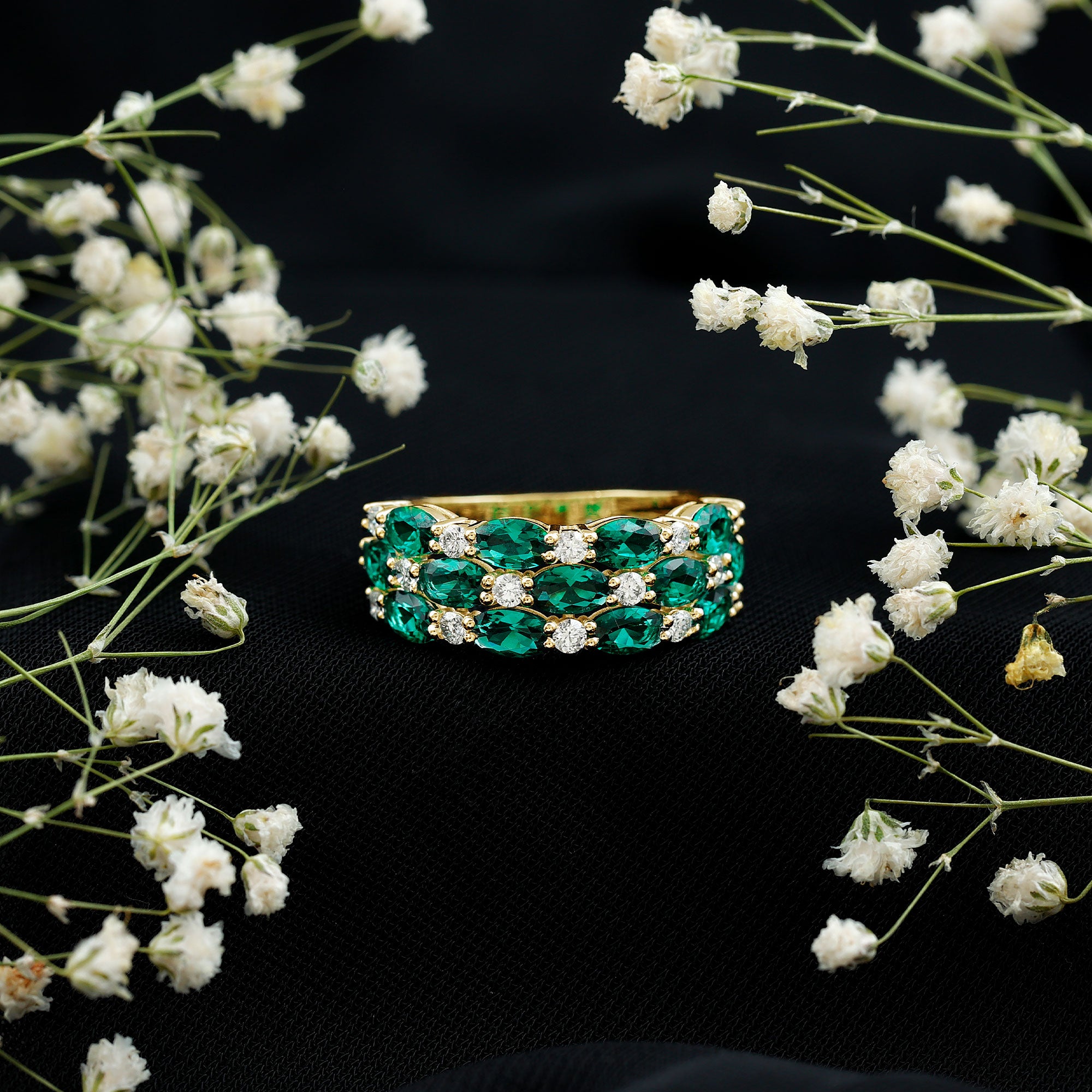 Oval Cut Lab Grown Emerald Statement Wedding Band with Diamond AAAA - Rosec Jewels