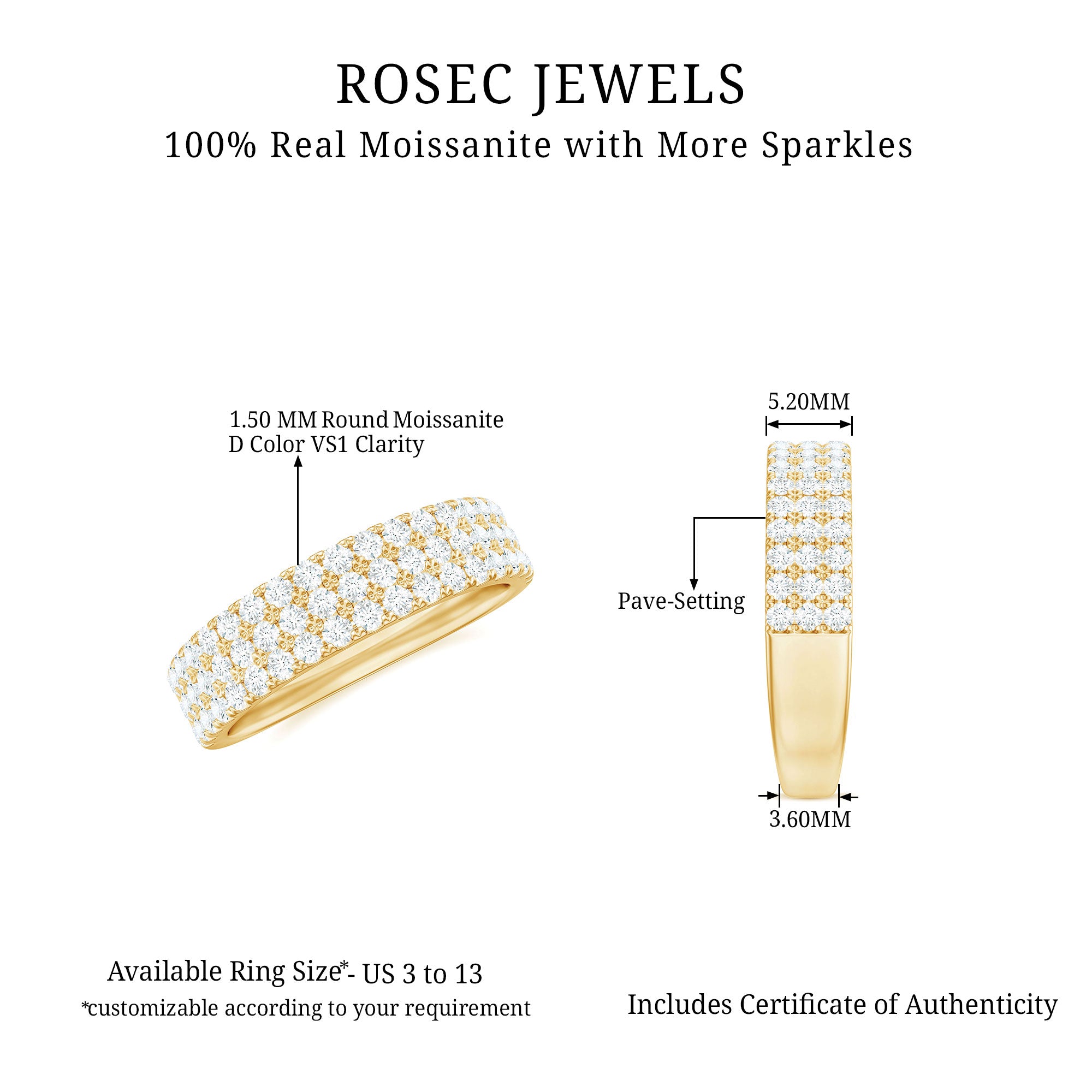 Three Row Moissanite Half Eternity Band Ring D-VS1 - Rosec Jewels