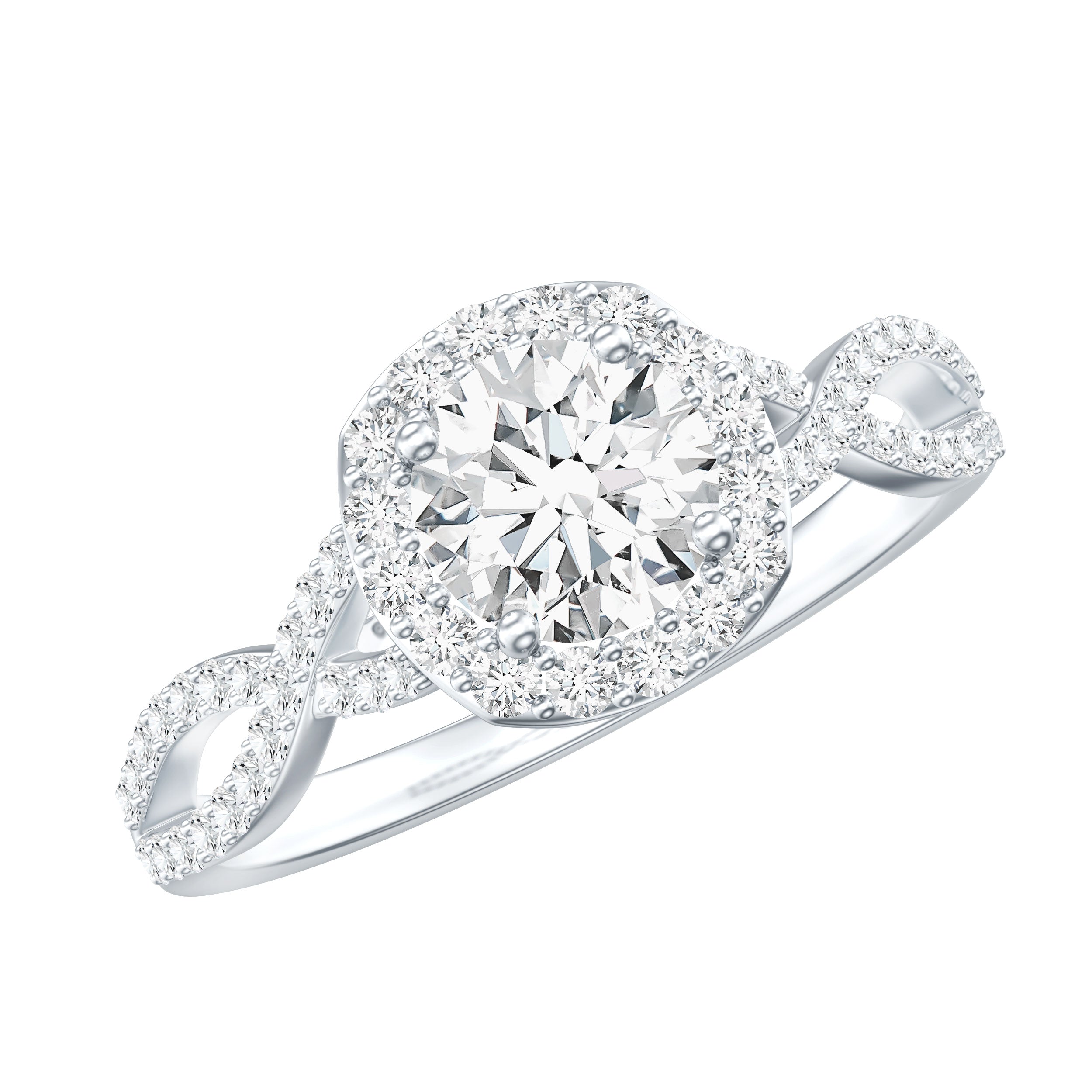 Certified Moissanite Halo Engagement Ring with Criss Cross Shank D-VS1 - Rosec Jewels