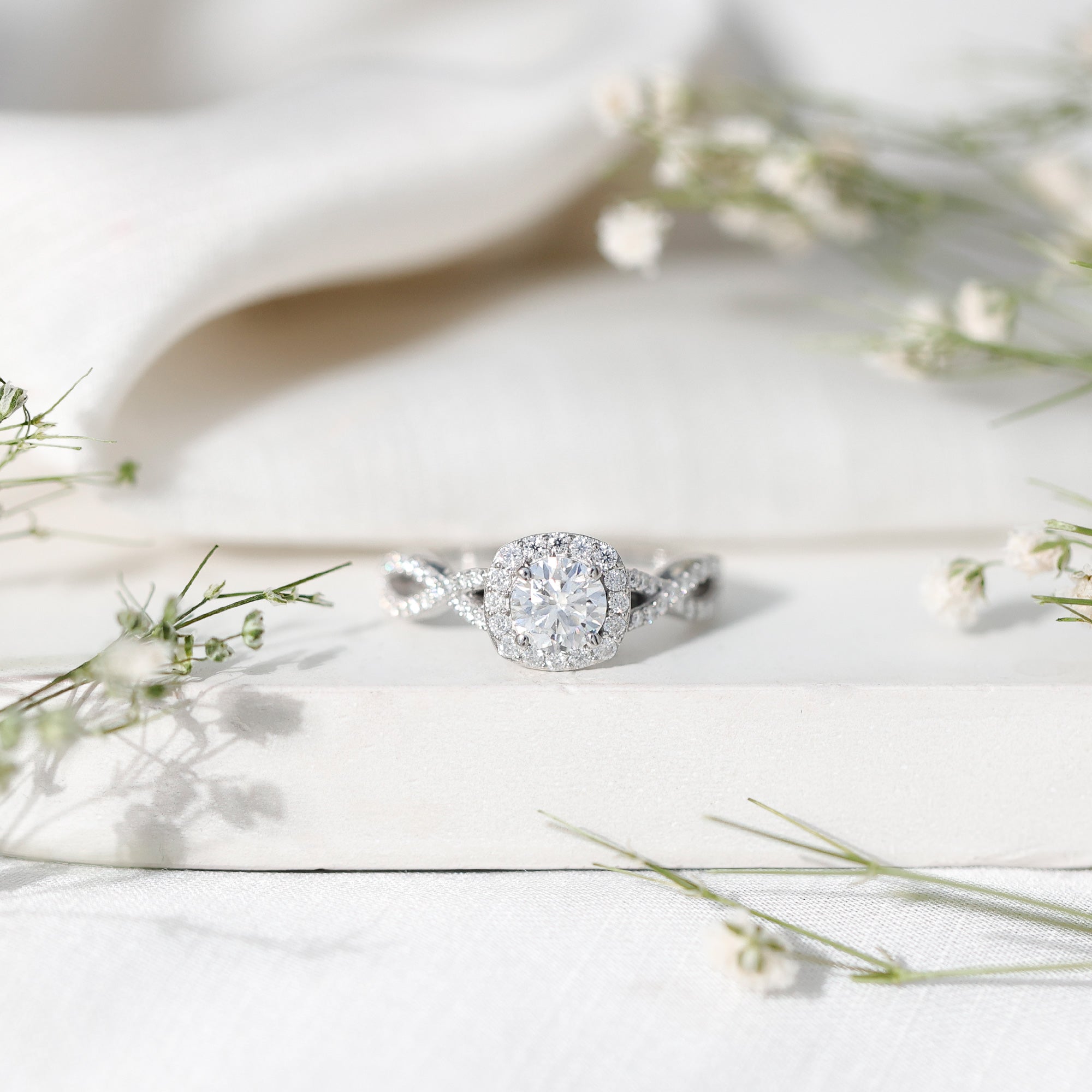 Certified Moissanite Halo Engagement Ring with Criss Cross Shank D-VS1 - Rosec Jewels