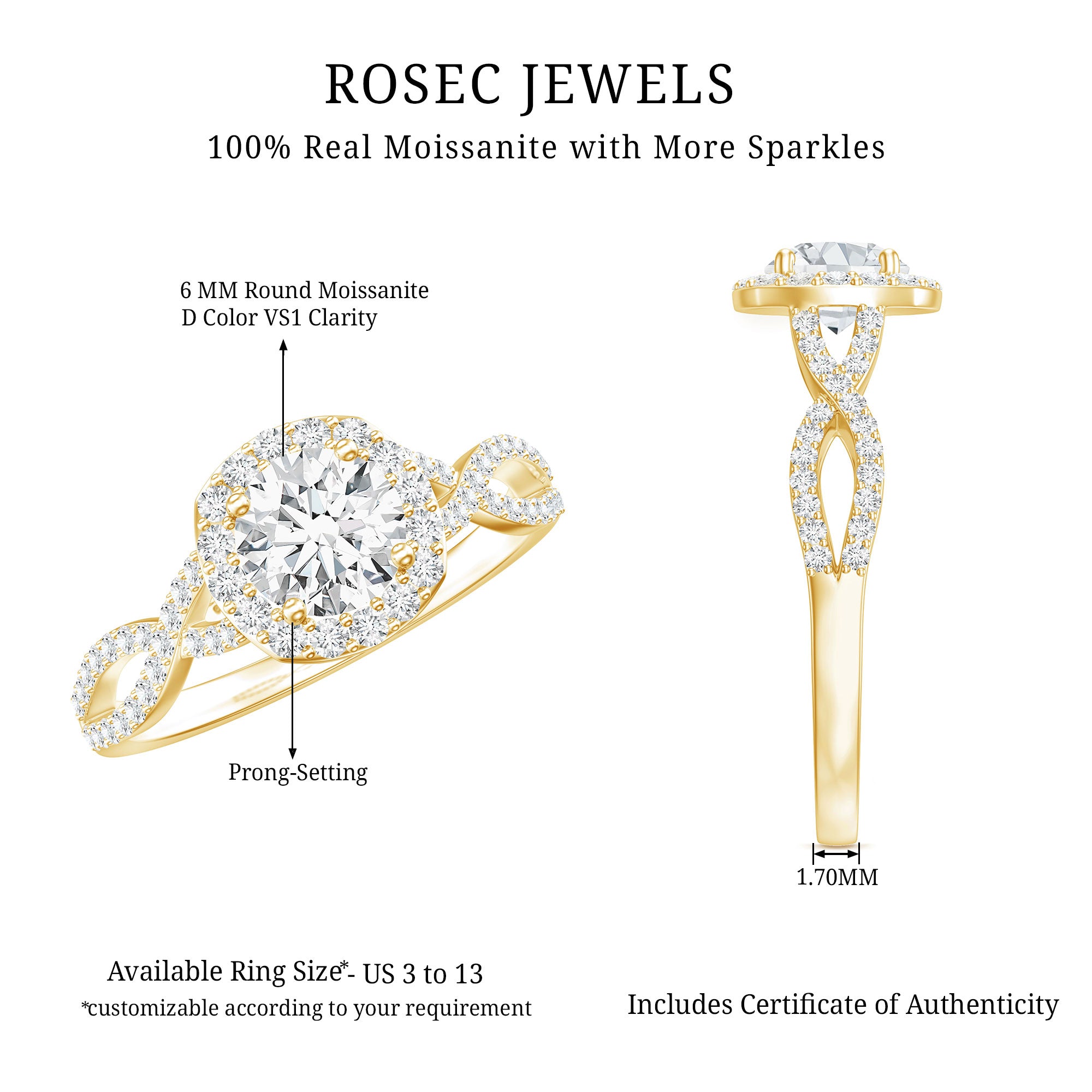 Certified Moissanite Halo Engagement Ring with Criss Cross Shank D-VS1 - Rosec Jewels