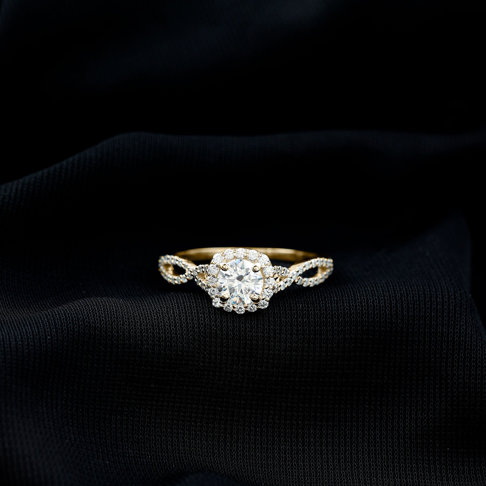 Certified Moissanite Halo Engagement Ring with Criss Cross Shank D-VS1 - Rosec Jewels